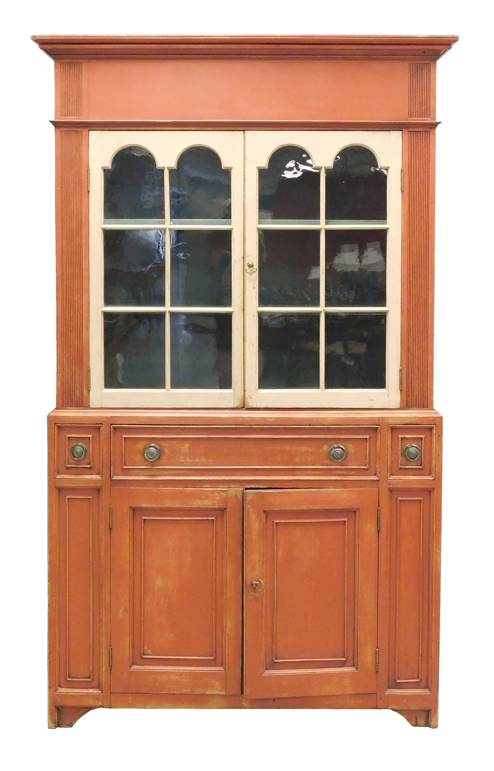 Country cupboard in red and cream paint in Pennsylvania style, in two parts, 20th C. reproduction (1 of 3)