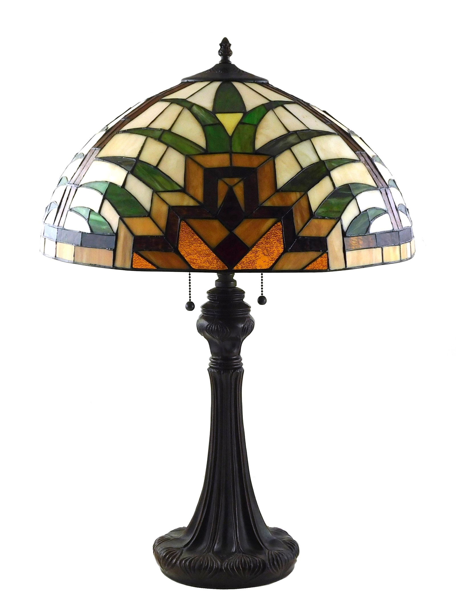 LAMP: Cast metal table lamp with pineapple top pattern leaded glass shade, shade with geometric (1 of 2)