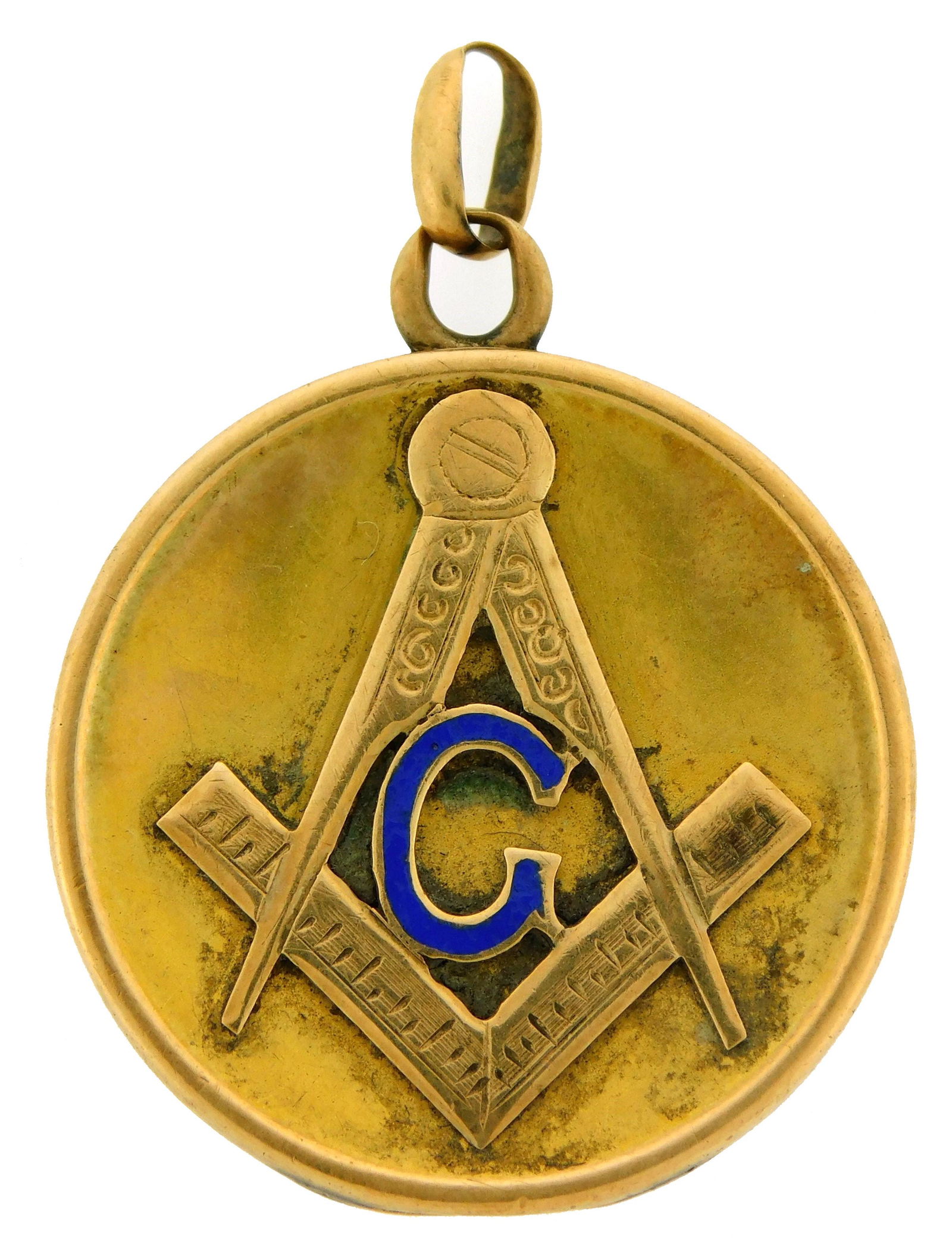 JEWELRY: 10k Gold masonic watch fob, circular with the emblem of the masonic temple and a blue "C" (1 of 4)