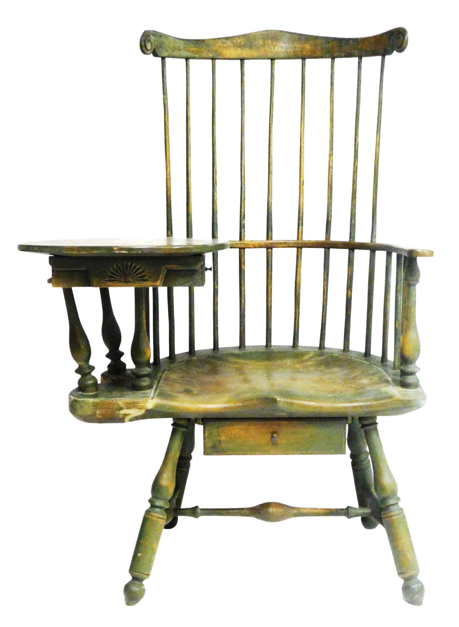 Windsor reproduction writing chair, Pennsylvania style fan back chair, green painted finish, crest (1 of 6)
