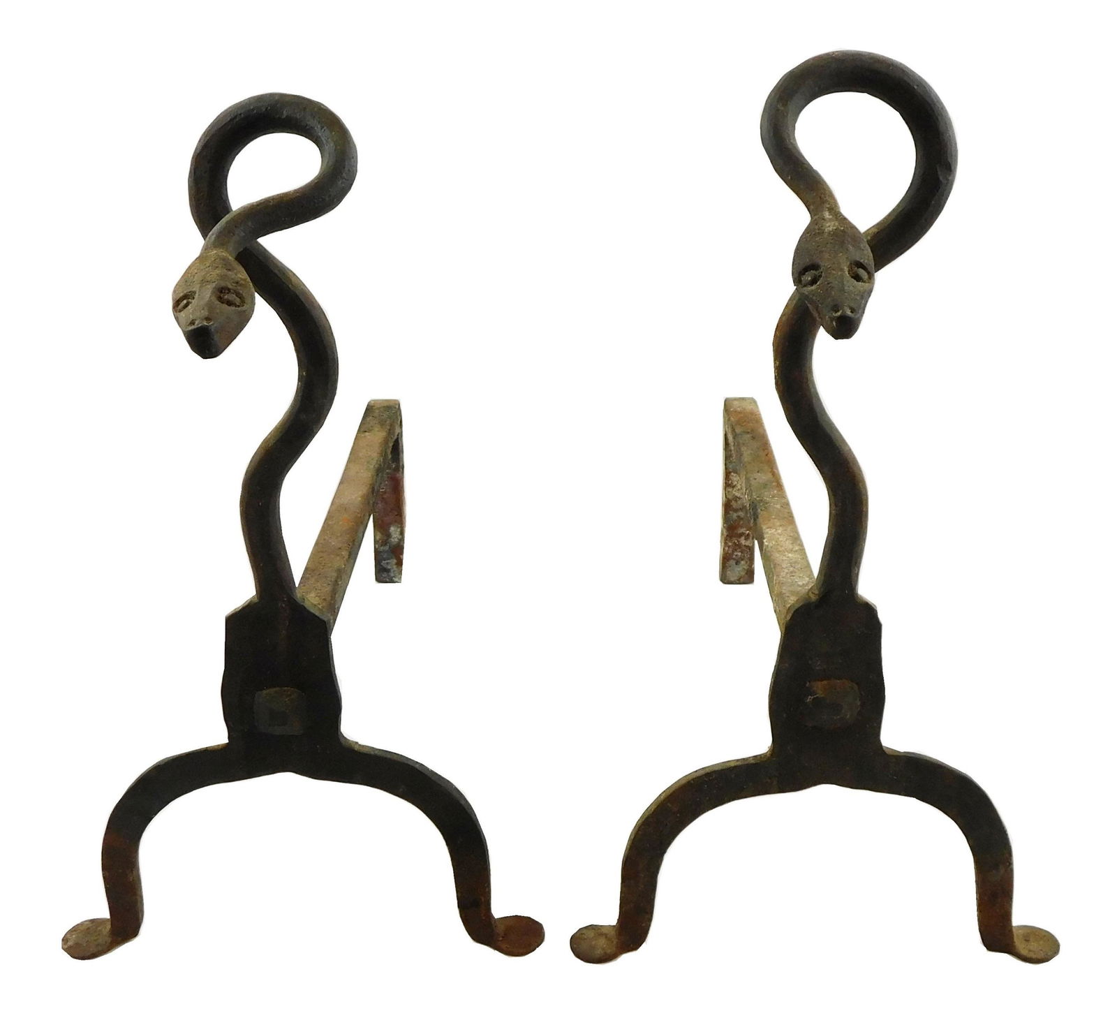 Pair of coiled snake andirons, cast iron with penny feet, wear consistent with age and use, sold as (1 of 4)