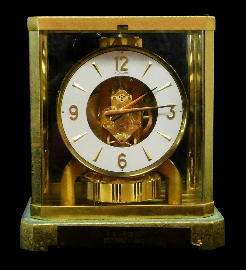 LeCoultre Atmos clock caliber 528-8, brass and glass cased, Swiss c. 1960's, open works, white face (1 of 6)