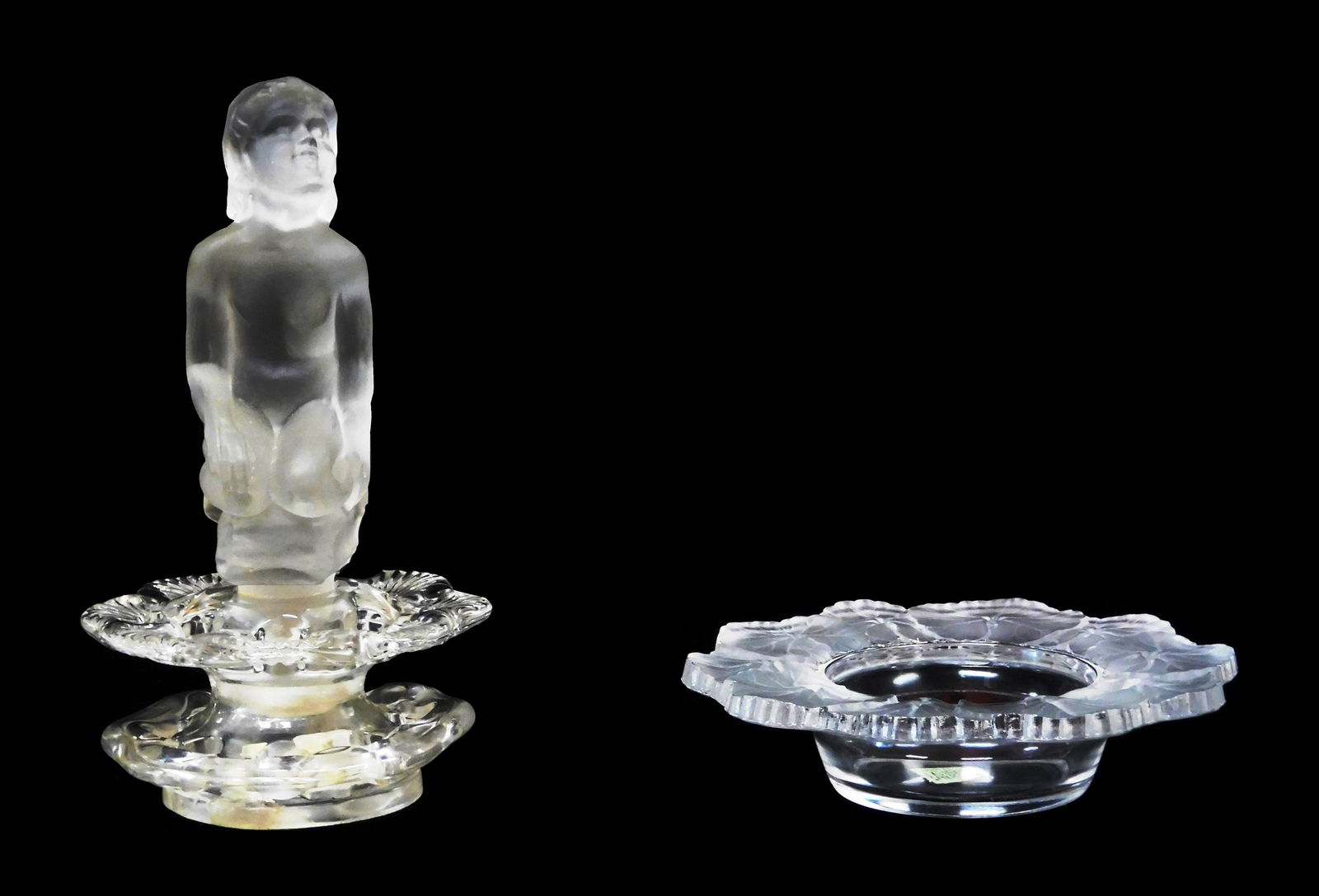 GLASS: Steuben and Lalique, three pieces, including: Steuben glass flower frog/block and kneeling (1 of 3)