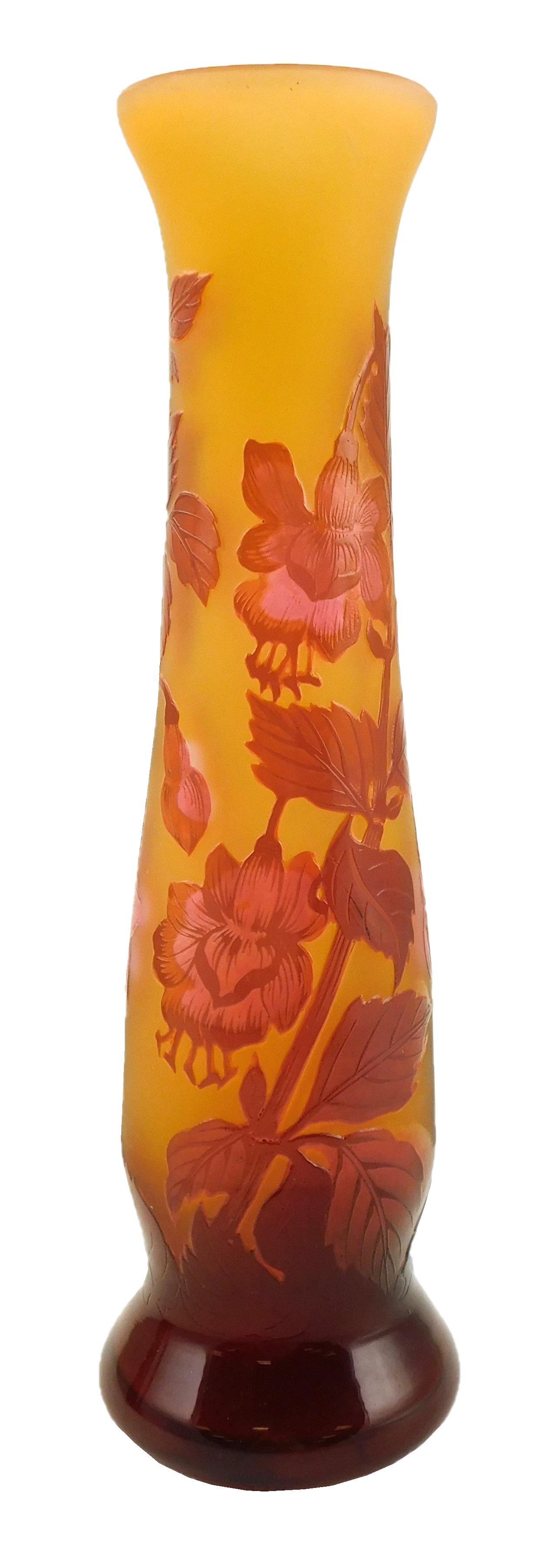 GLASS: Galle cameo glass vase, French, early 20th C., tan with raised brown leaves and pale pink (1 of 4)