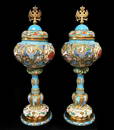 Pair of Russian Imperial style cloisonne and gilt silver covered chalices, 20th C., each with domed