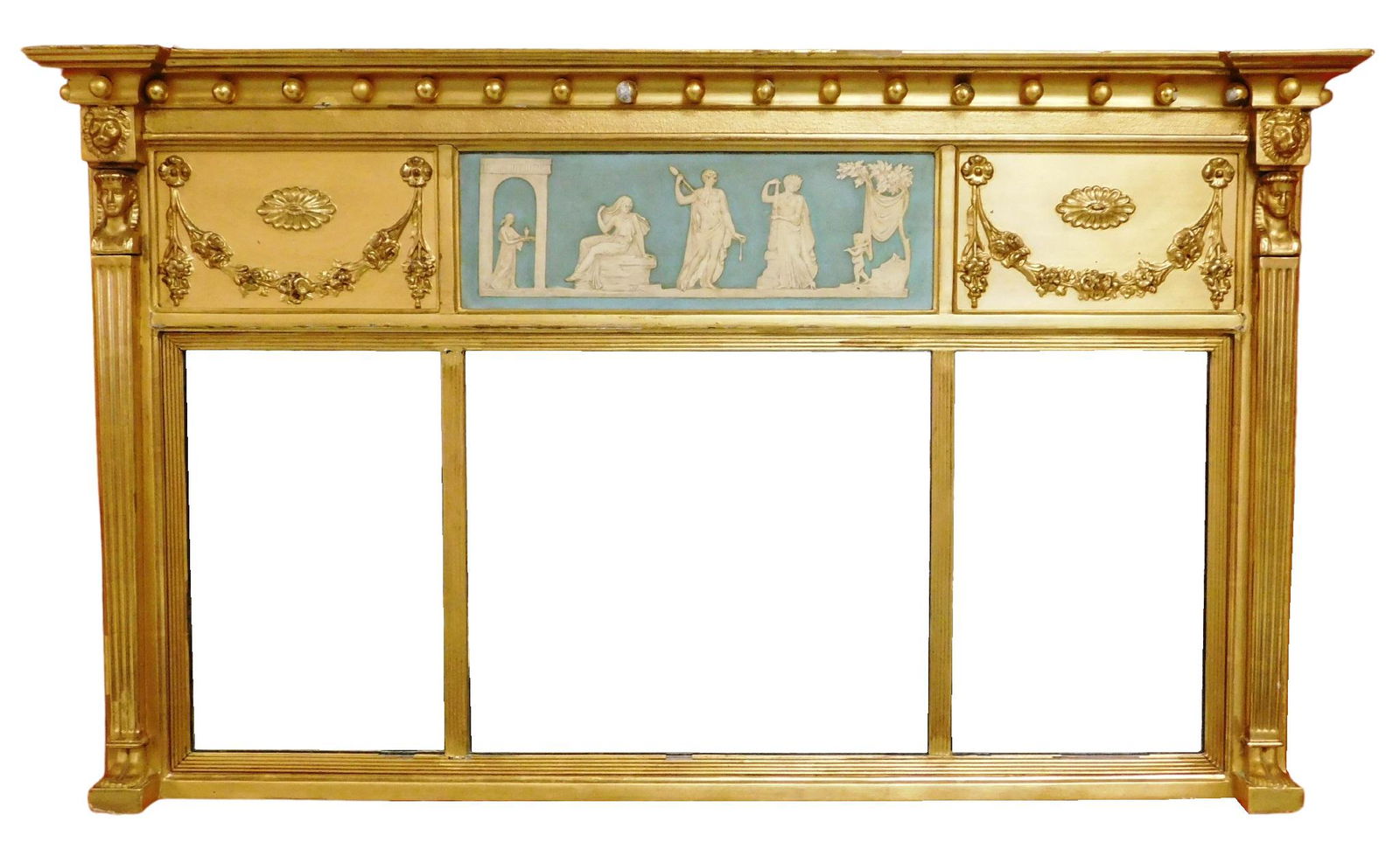 19th C. Mantel mirror with centered Jasperware type panel in gilt frame, with raised classical (1 of 6)