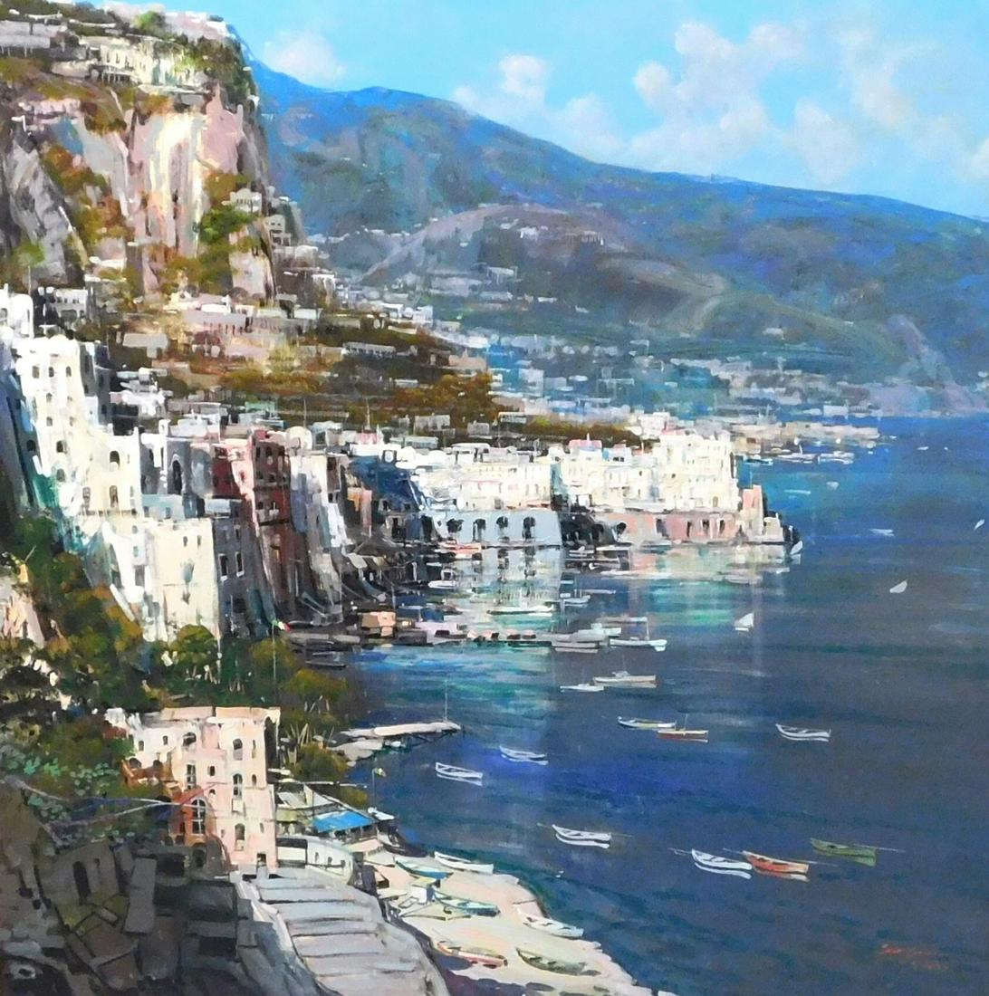 Mario Sanzone (Italian b. 1946) "Amalfi" oil on canvas, 20th Century, view of Amalfi Coast, signed (1 of 3)
