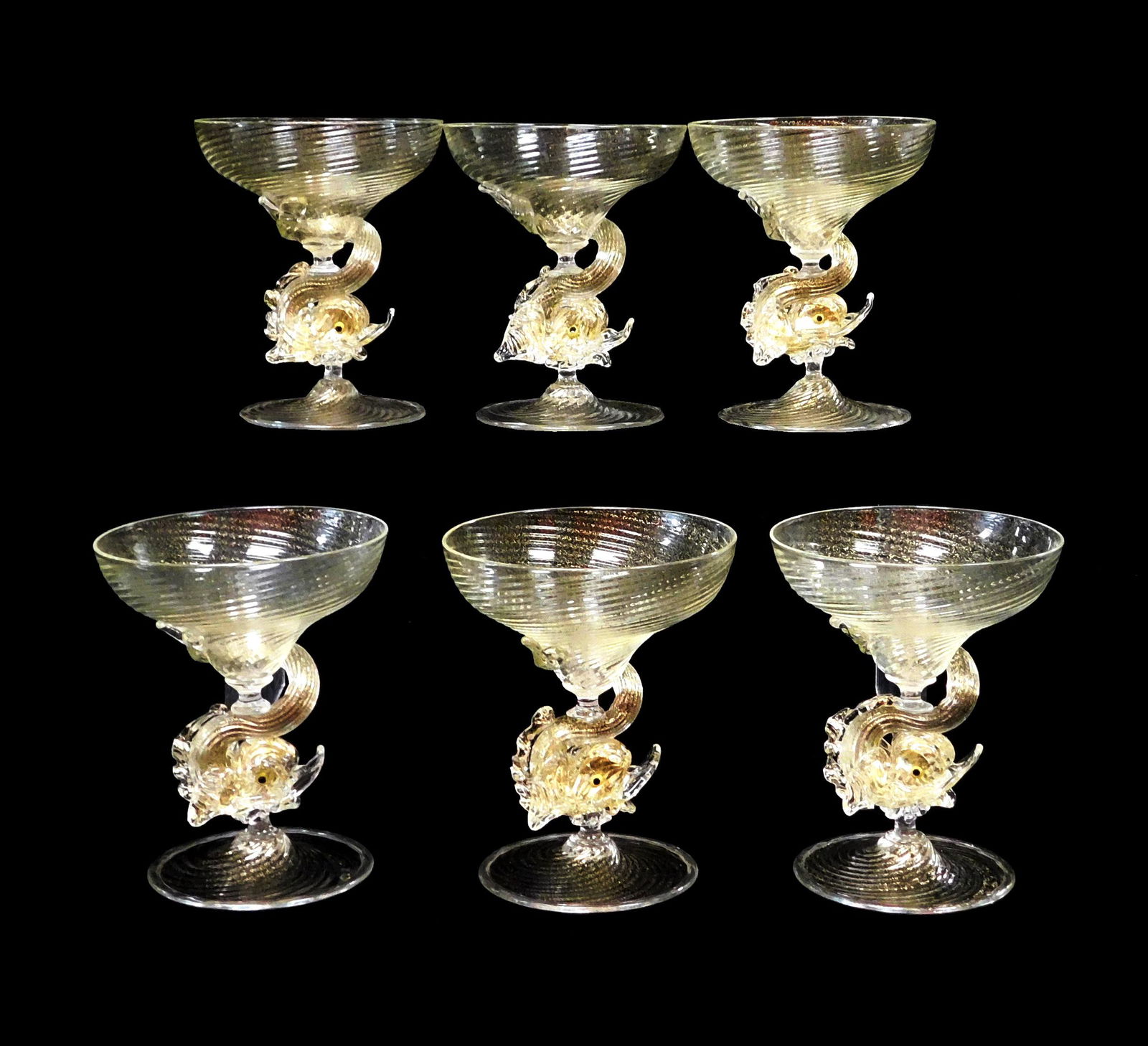 GLASS: Venetian glass stemware, 20th C., six pedestal foot sherbet glasses with dolphin form (1 of 3)