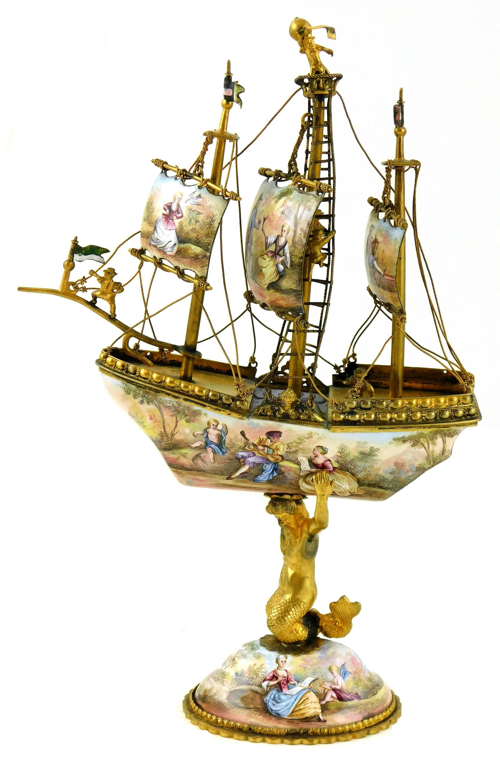 Viennese enameled ship, 19th C., Austria, finely detailed masts, rig, crow's nests, and figures (1 of 7)