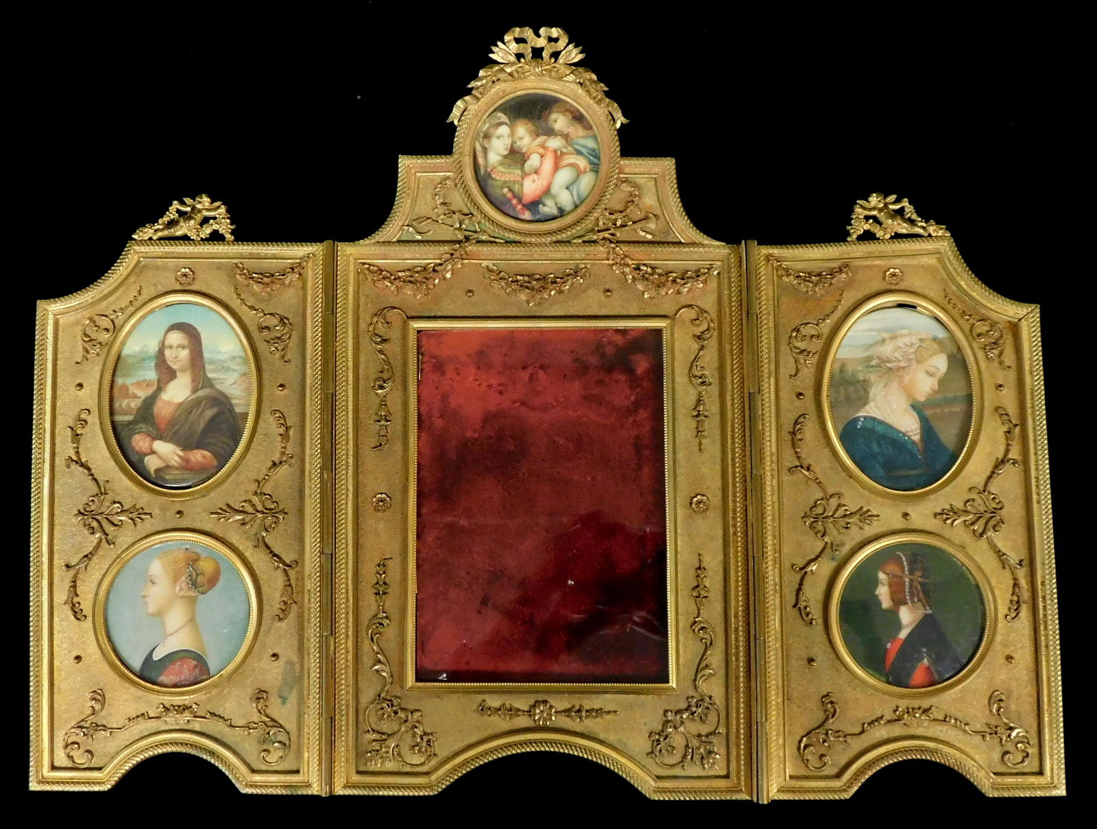 Ormolu picture frame, French, late 19th/early 20th C., modeled as a three panel screen with large (1 of 5)