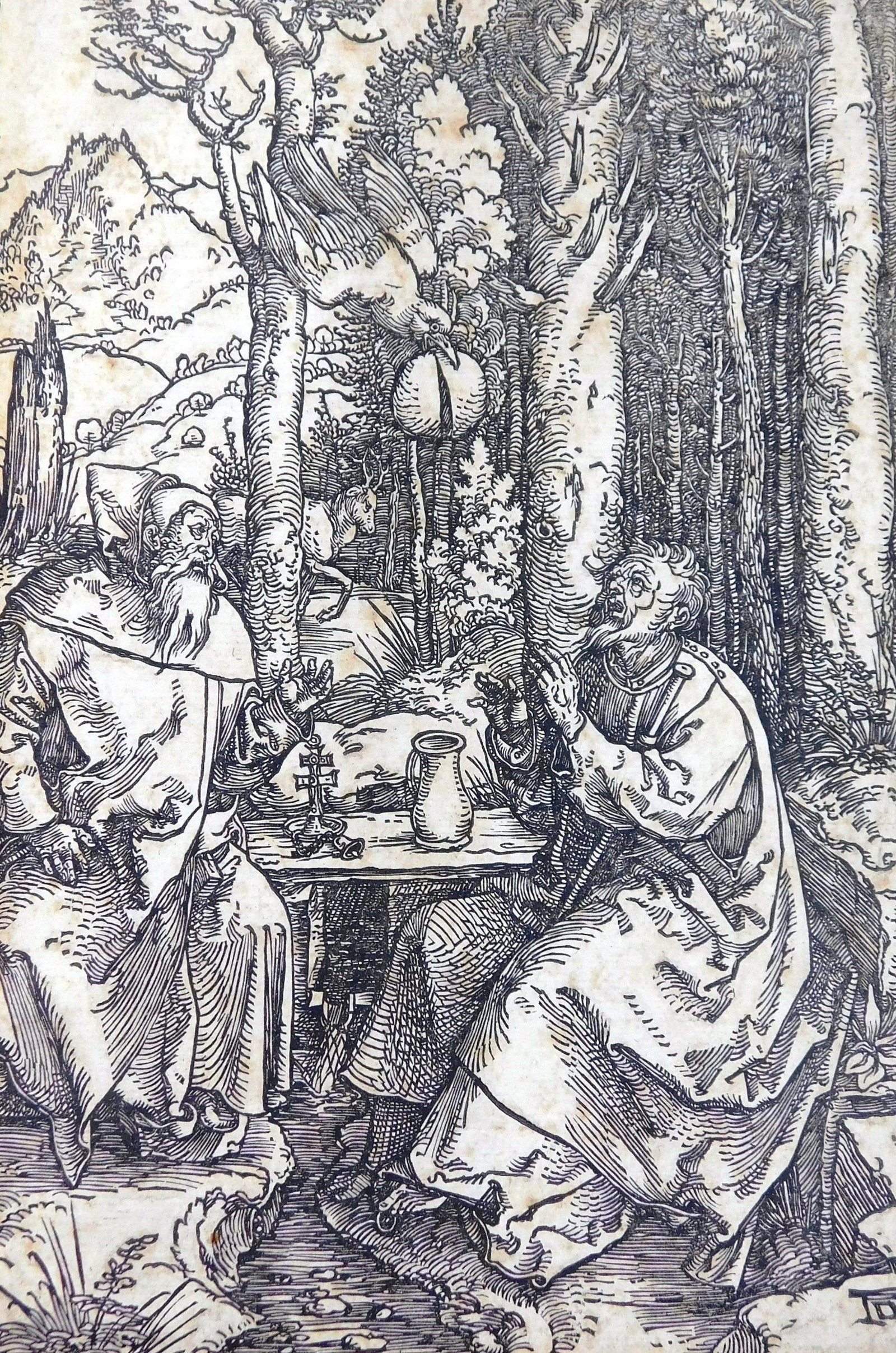 Albrecht Durer (Nuremberg/ German, 1471-1528), "The Hermits St. Paul and St. Anthony",, woodcut, c.: Albrecht Durer (Nuremberg/ German, 1471-1528), "The Hermits St. Paul and St. Anthony",woodcut, c. 1504, Bartsch 107, Hollstein 107, with the artist's monogram at lower right, a very good impression wi