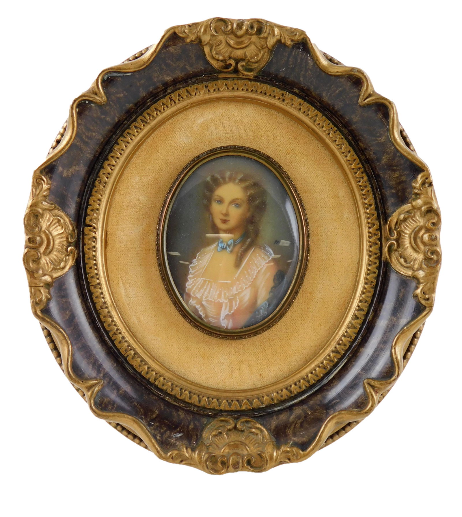 Miniature portrait of young lady in mid-19th C. dress, watercolor on unknown support, signed "Marzi" (1 of 3)