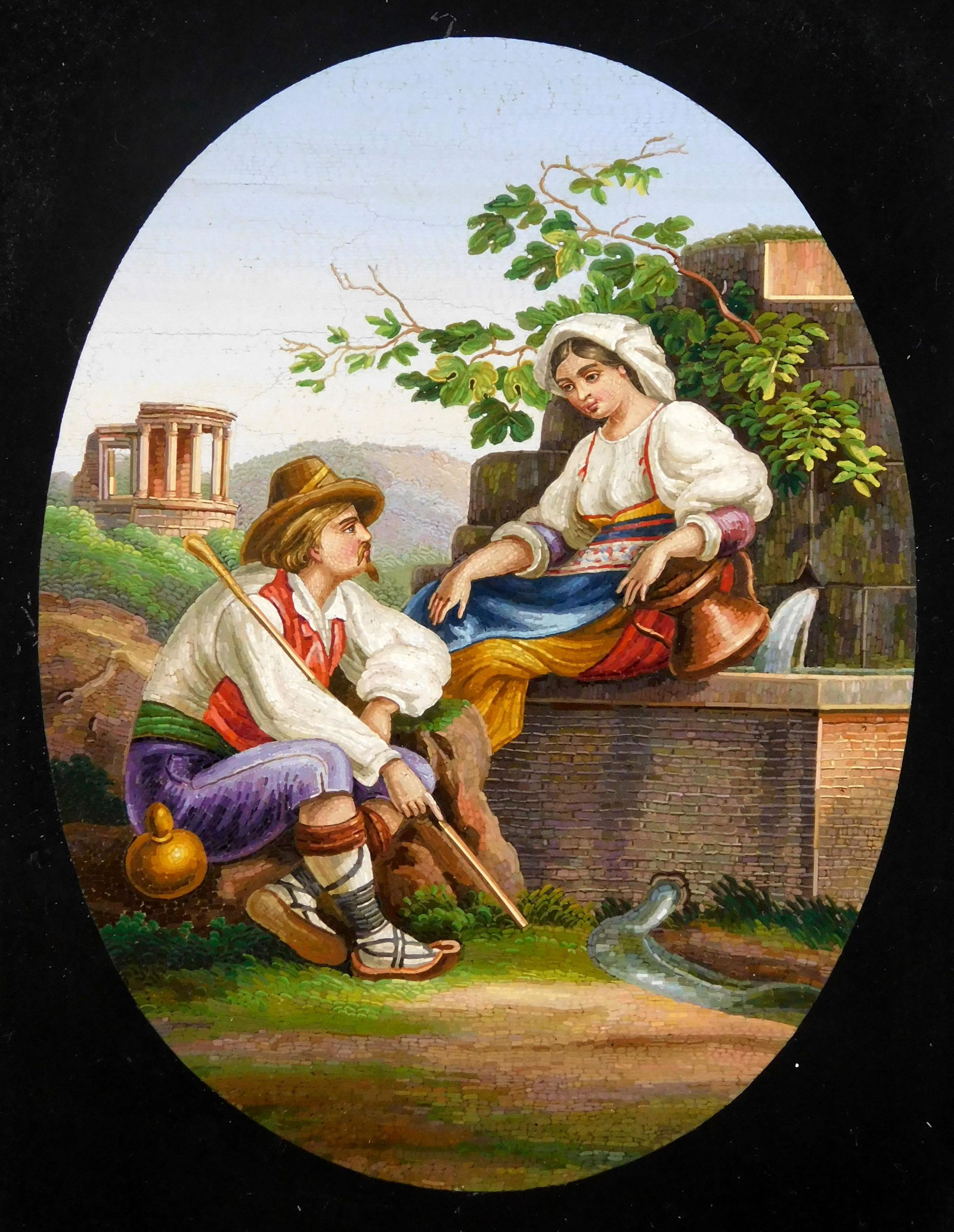 Micro-mosaic of couple by well, Italian, late 19th C., depicts classical scene with young man and (1 of 7)
