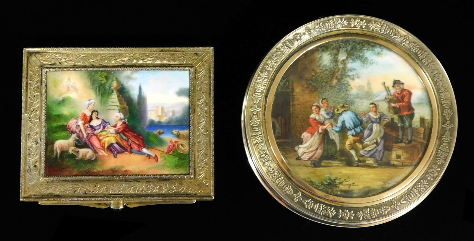 Two silver boxes, Continental, late 19th/early 20th C.: one rectangular and mounted with an enameled (1 of 7)