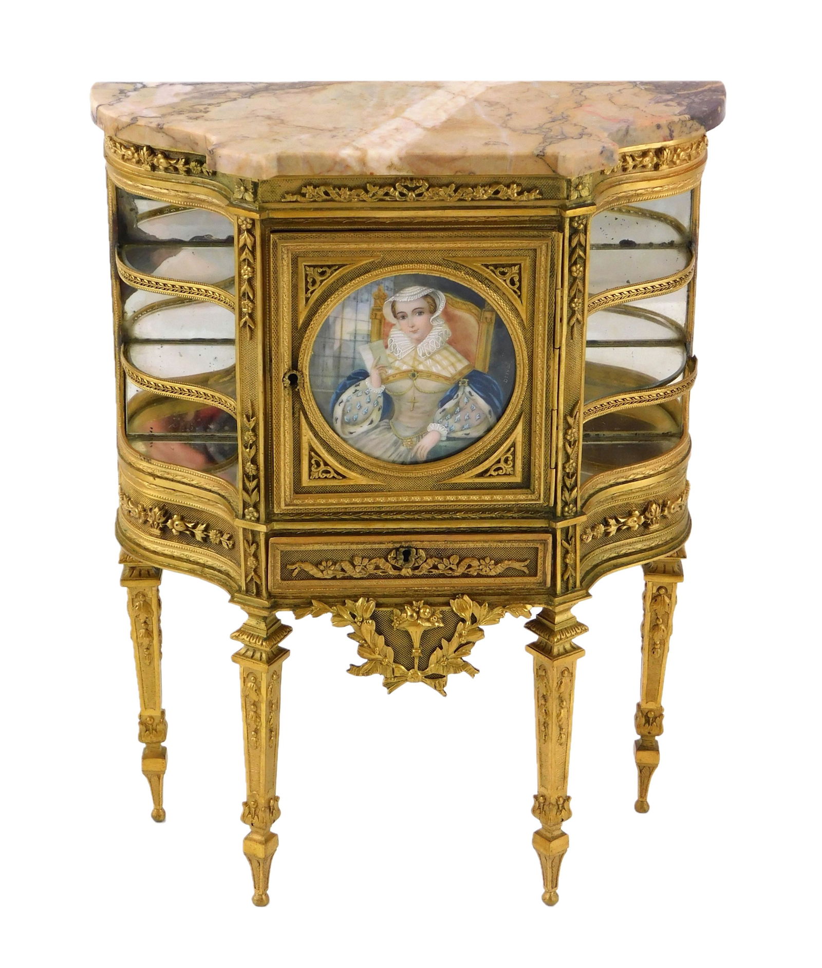 +Ormolu marble top jewelry/trinket cabinet, French, late 19th C., modeled as a Louis XVI cabinet on (1 of 5)