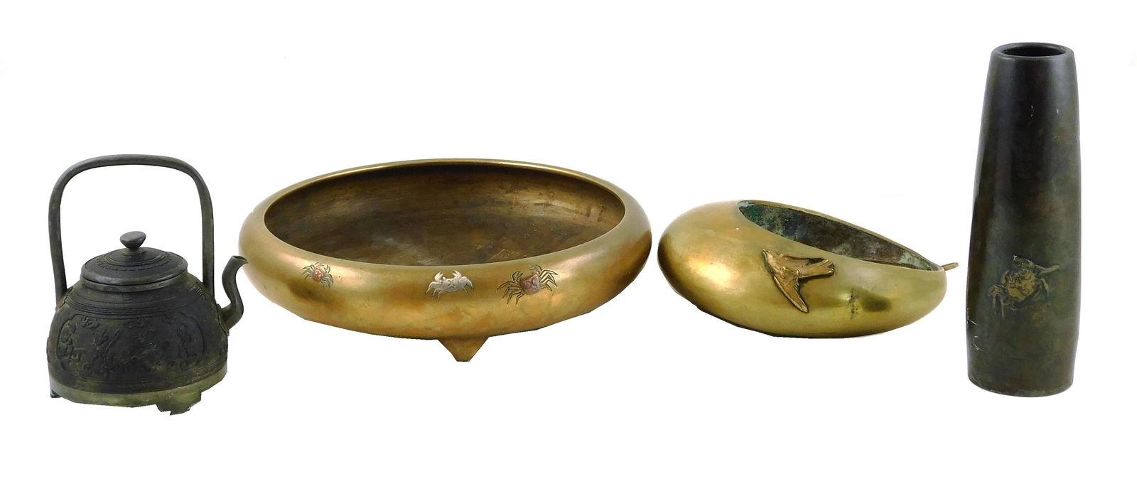 ASIAN: Four metal holloware, including: Japanese cylinder form vase, likely bronze, with raised crab (1 of 4)
