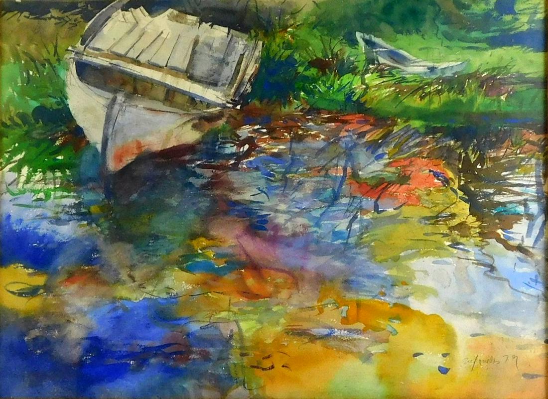 Steven Trefonides (American, 1926 - 2021), watercolor, 1979, depicts two small boats on grassy: Steven Trefonides (American, 1926 - 2021), watercolor, 1979, depicts two small boats on grassy shore, signed and dated lower right, framed behind glass, wear consistent with age, paper has slipped in 