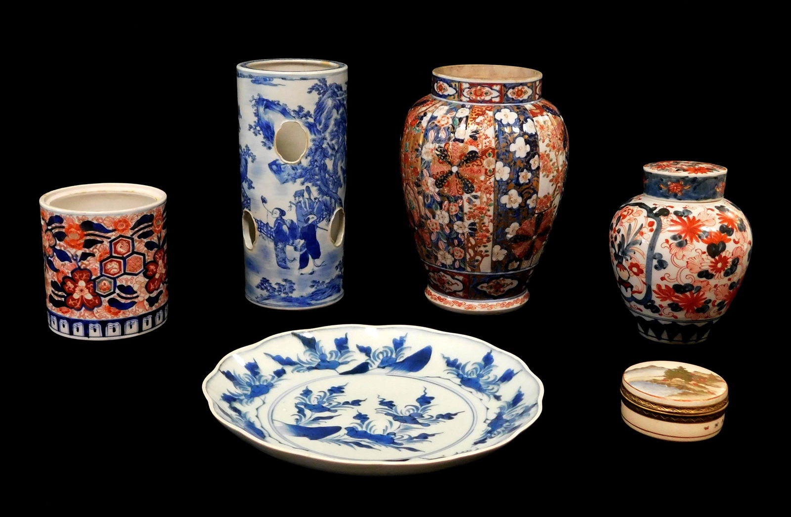 ASIAN: Six mixed porcelain, including: Imari ginger jar, 7 3/4" h.; Japanese satsuma round covered (1 of 4)