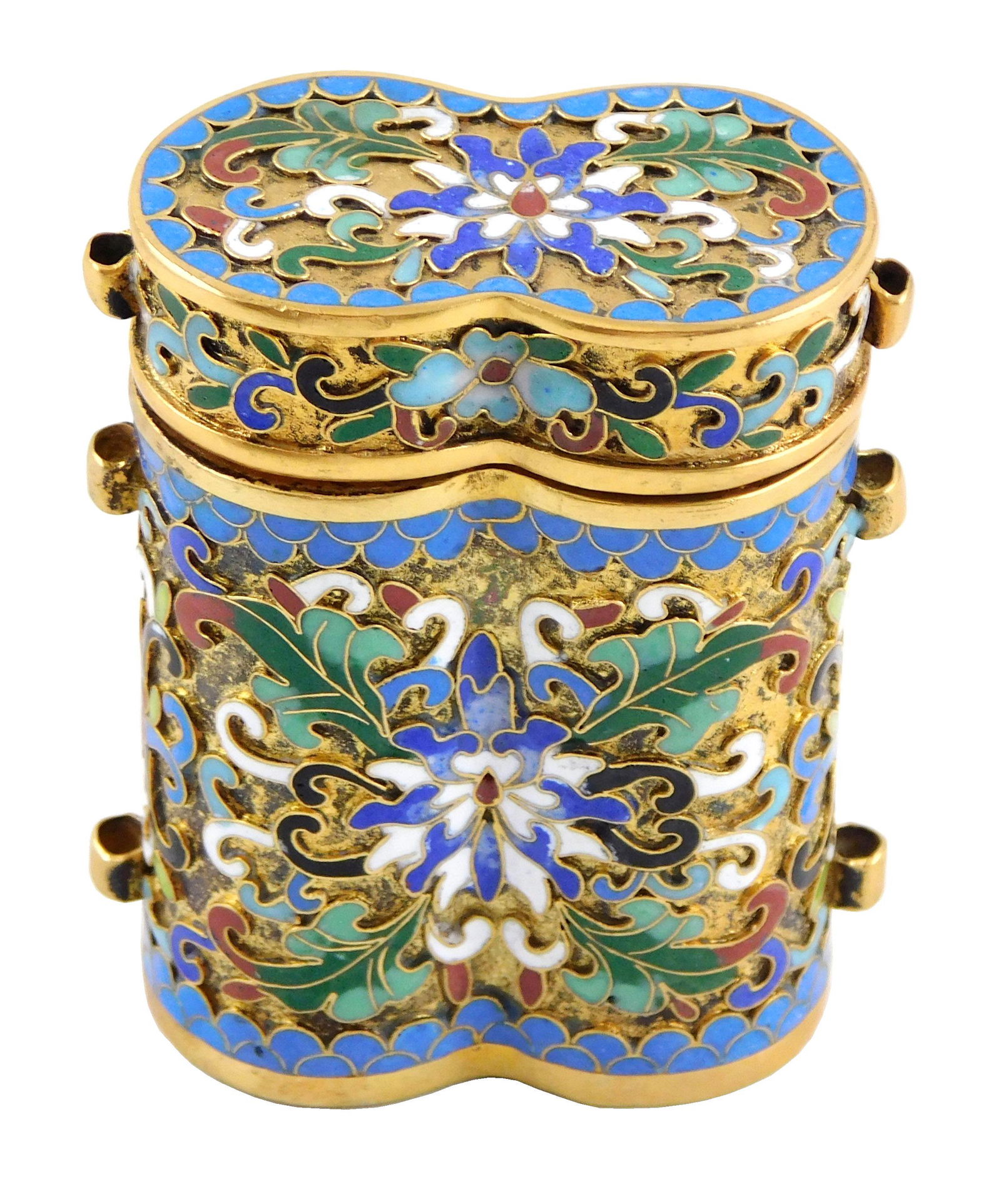 ASIAN: Chinese champleve double cylinder box/ inro, gilded metal trim, enameled interior, elaborate (1 of 3)
