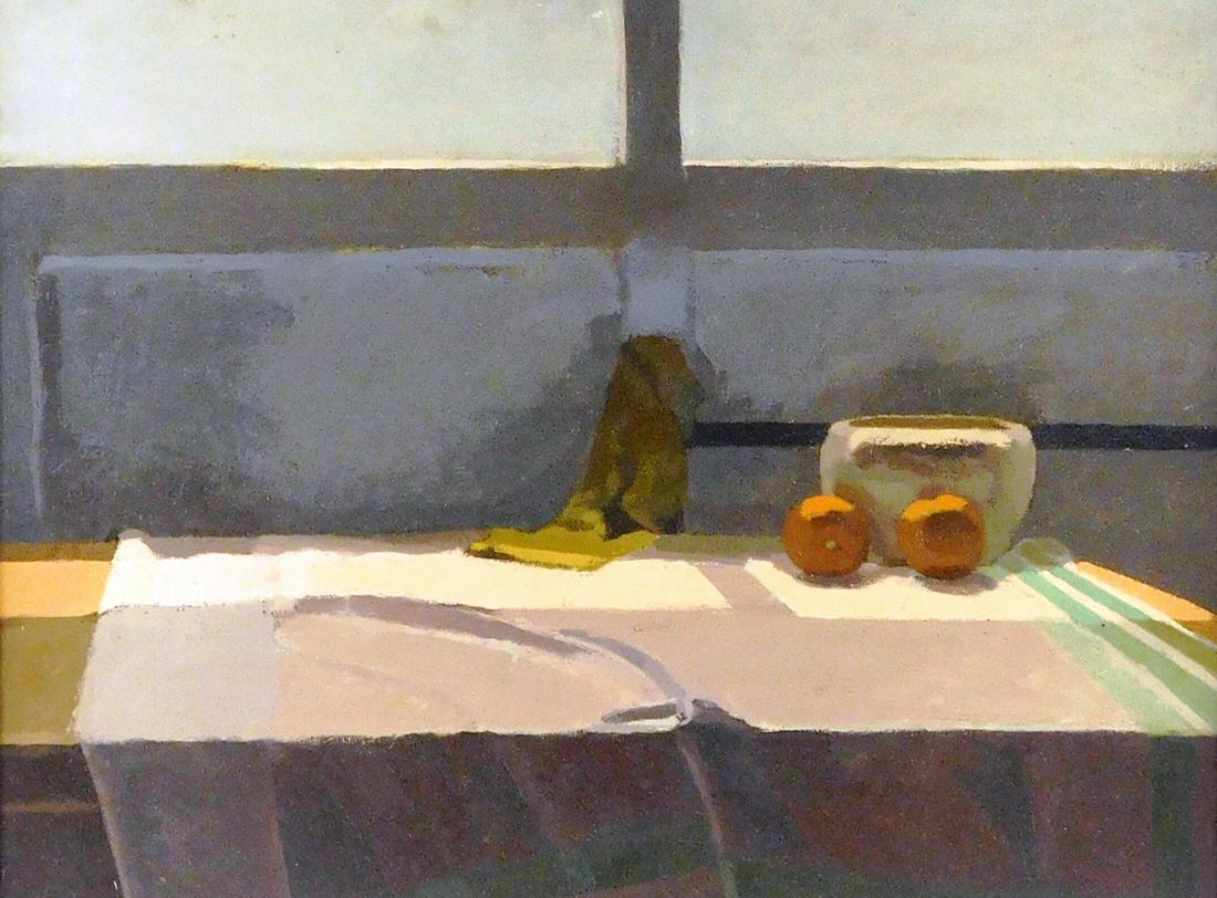 Still life, oil on canvas, mid-century modern image of fruit, bowl and cloth on a table, no (1 of 3)