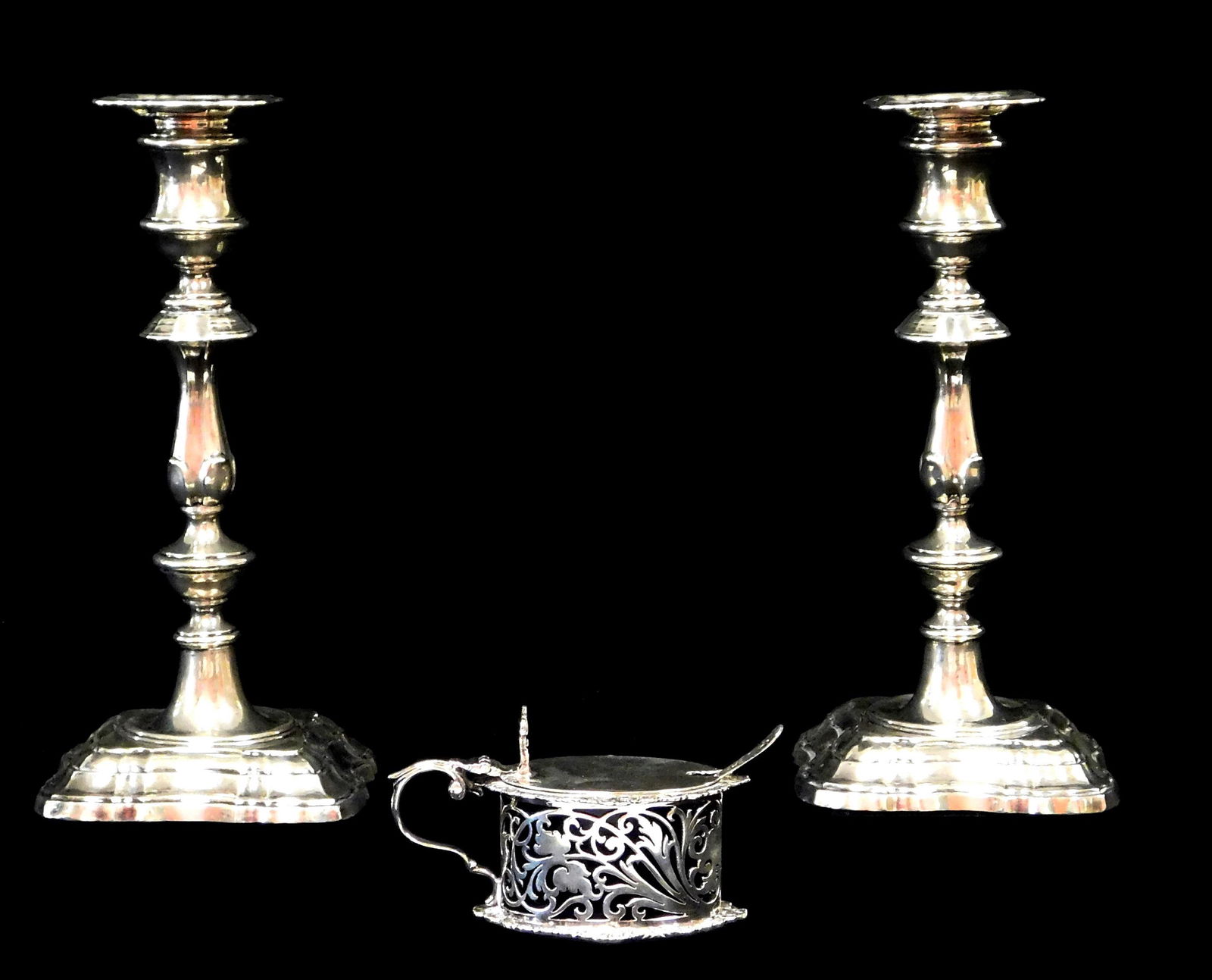 STERLING: Fordham & Faulkner candlesticks, Josiah Williams & Co. condiment dish, and sterling small (1 of 7)