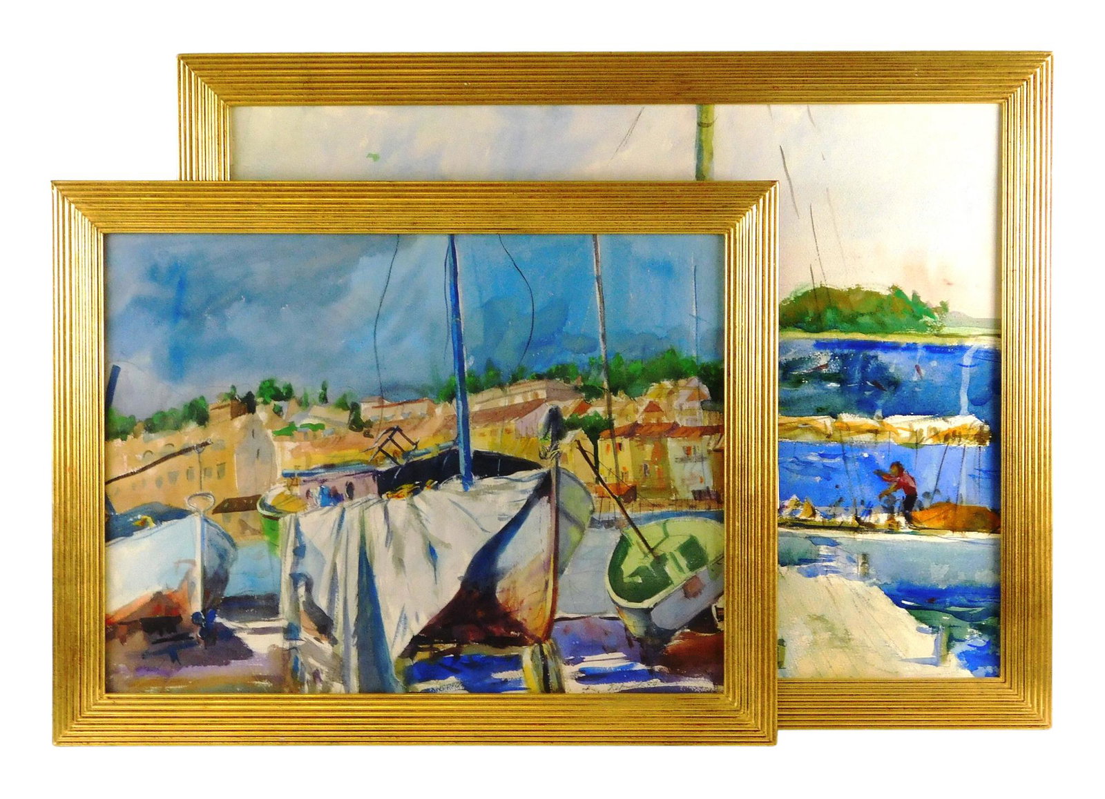 Two by Steven Trefonides (American, 1926 - 2021) both watercolor on paper, the first dated 1979,: Two by Steven Trefonides (American, 1926 - 2021) both watercolor on paper, the first dated 1979, sailboats and figures near shore, signed and dated lower left, gilt frame, missing glass, ss: 22" h. x 