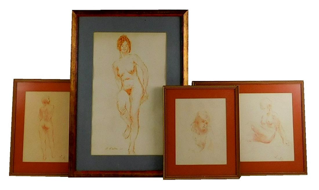 Four female nude studies,largest by Albert Ruben (American, 1918 - 2011) watercolor and sepia,: Four female nude studies,largest by Albert Ruben (American, 1918 - 2011) watercolor and sepia, signed lower left, ss: 17 3/4" h. x 10 3/4" w.; along with three smaller sepia drawings by another artist