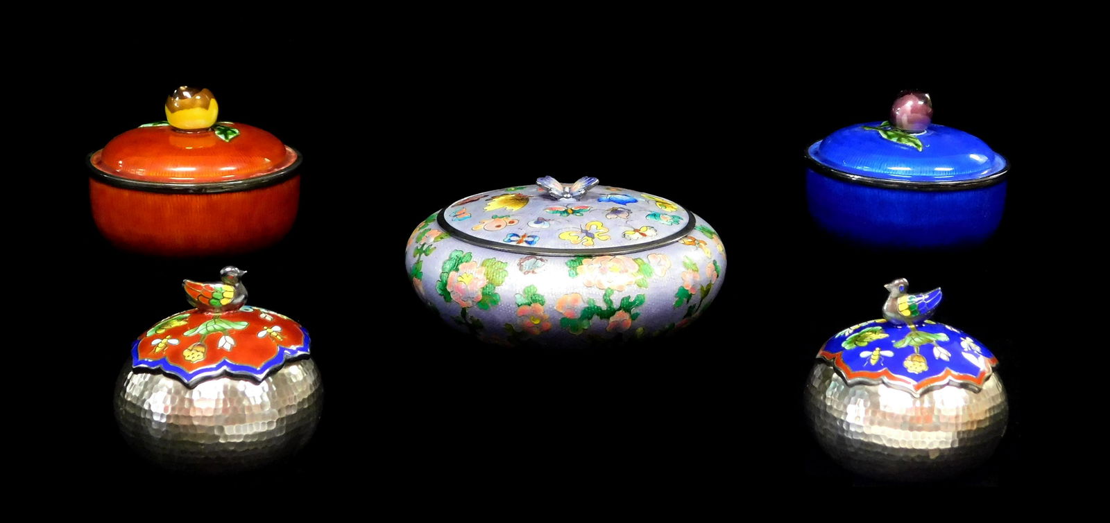 SILVER: Five asian guilloche enamel covered jars, 99% silver, all with hallmarks at base, including; (1 of 5)