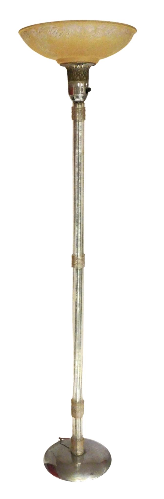 LAMP: Column floor lamp with painted glass shade, American 20th C., intermediate spiral and column (1 of 7)