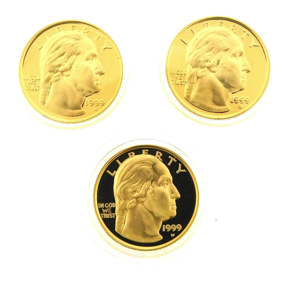 COINS: Three George Washington $5 gold coin proofs, 1999 Bicentennial, in original packaging. (1 of 2)