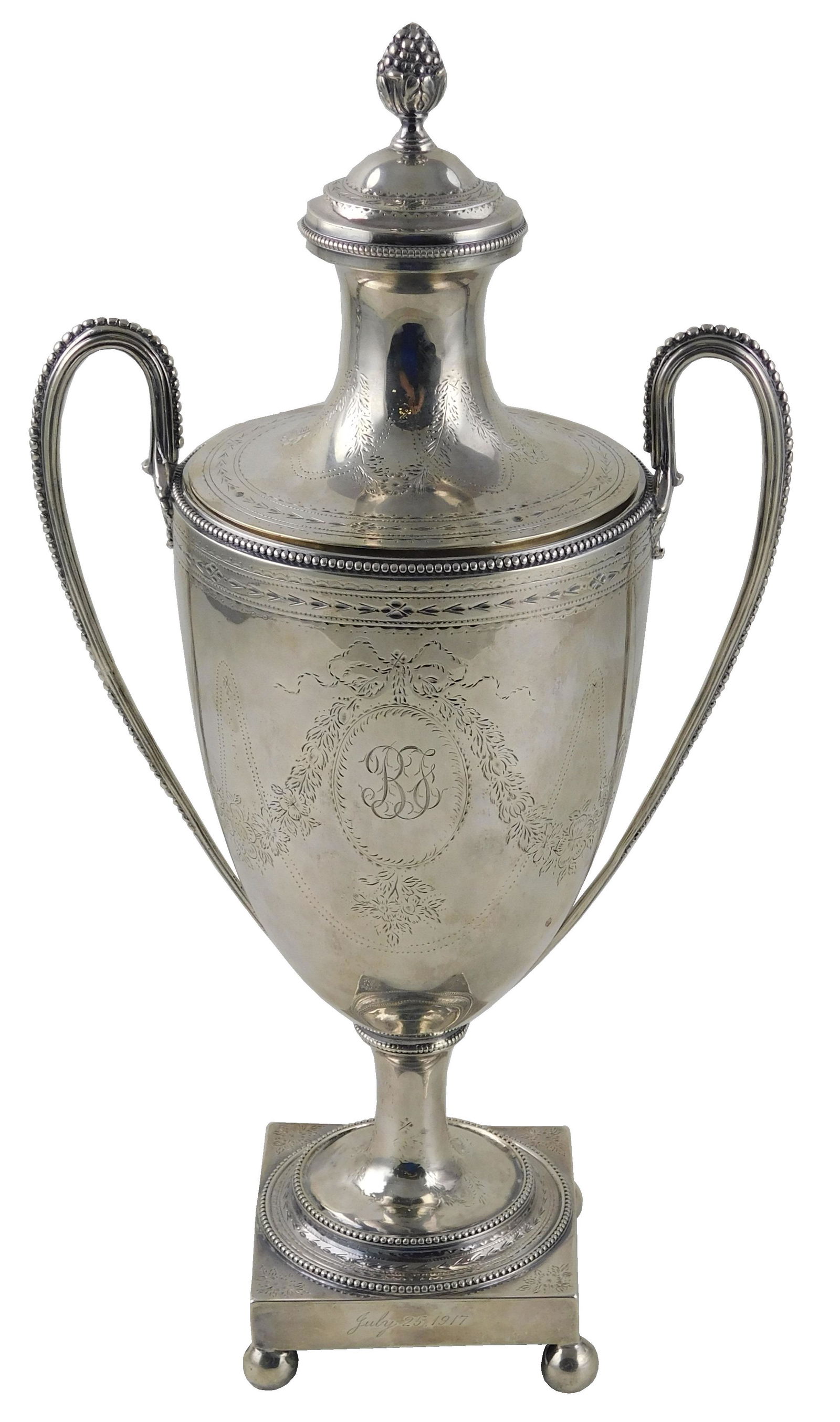 STERLING: English silver urn,1822, ornate brightwork throughout, with beaded trim and floral pattern (1 of 6)