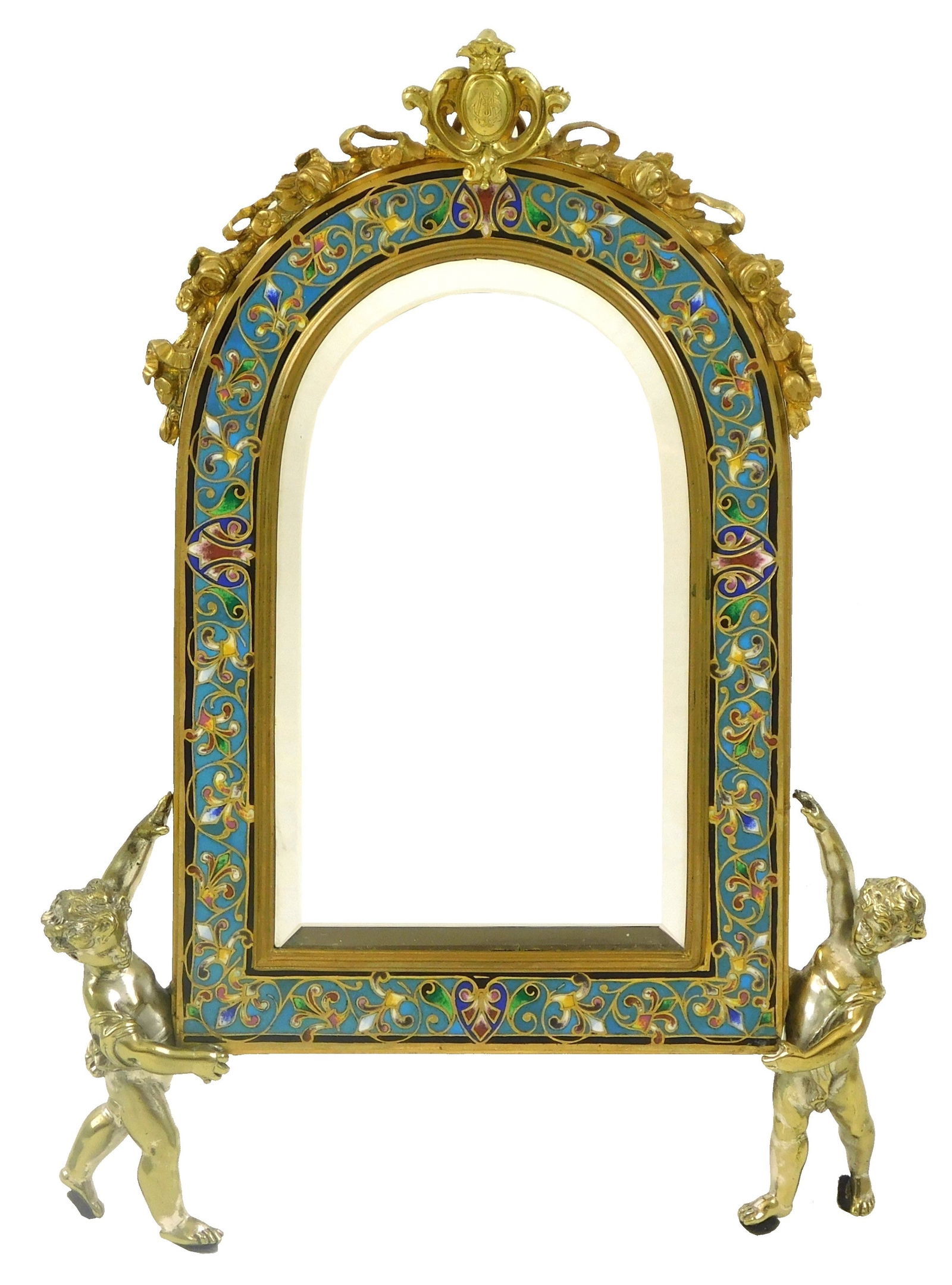 Cloisonne, bronze and brass dressing table mirror, probably French, late 19th C., arched beveled mir (1 of 4)