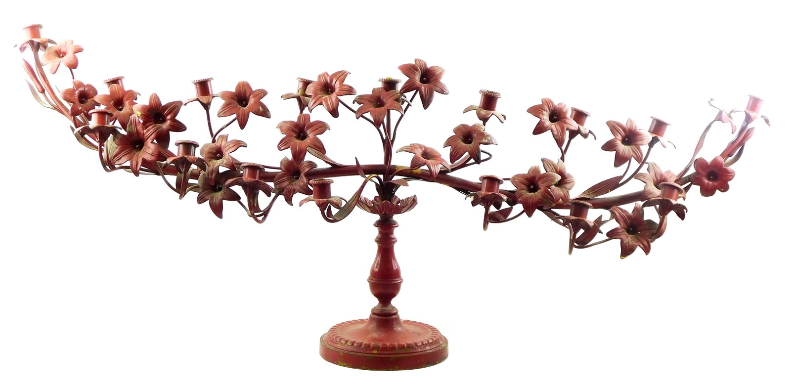 Foliate and lily candelabra, 19th C. with later painted red finish over original brass/gilded metal: Foliate and lily candelabra, 19th C. with later painted red finish over original brass/gilded metal form, oblong form with two long arms supporting sixteen candle cups, baluster form standard over rou