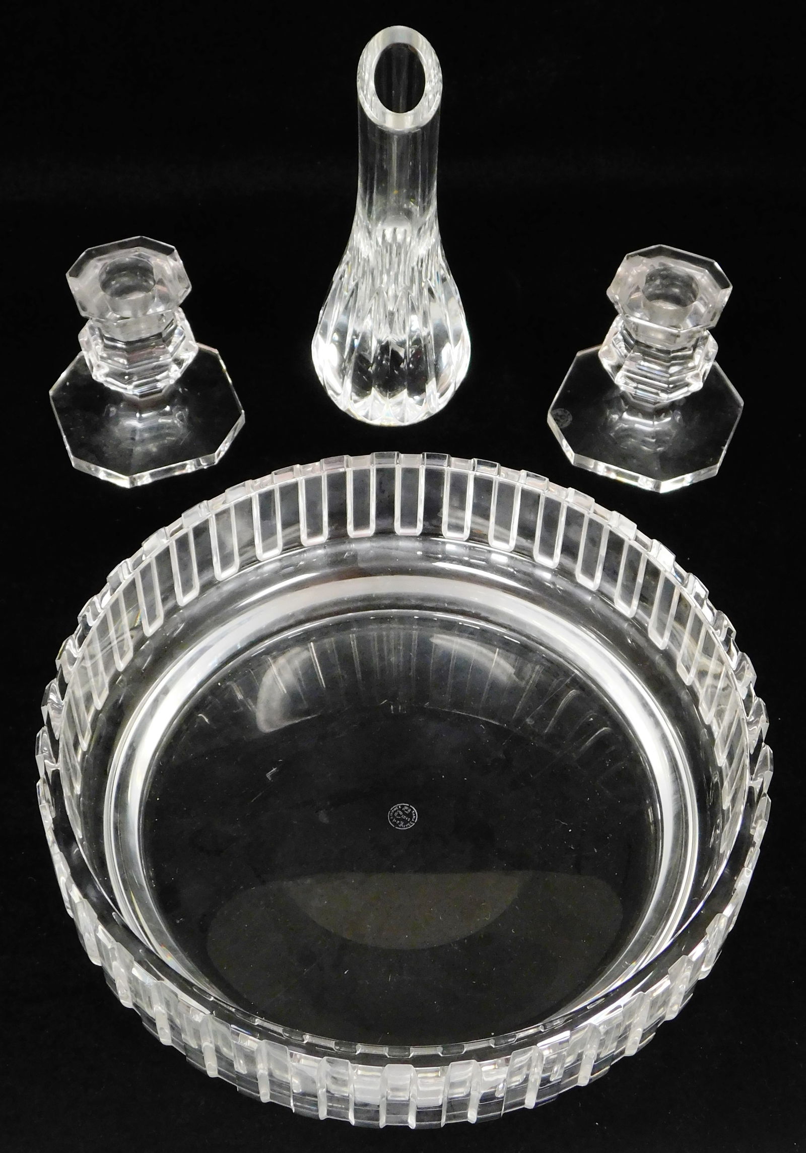 GLASS: Baccarat, four pieces of crystal, including: large center bowl with exterior dentil border of (1 of 3)