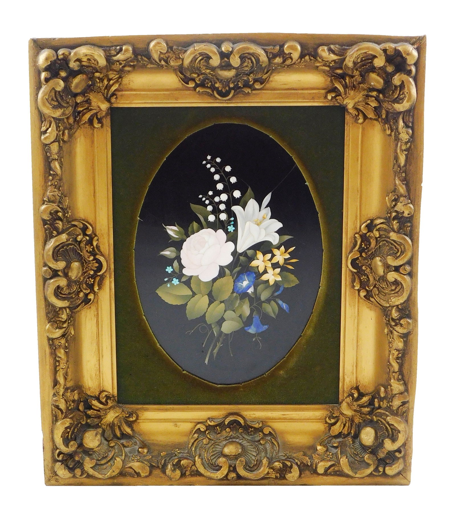 Pietra dura framed plaque of floral arrangement, late 19th C., Italian, bouquet of lily, peony, (1 of 3)