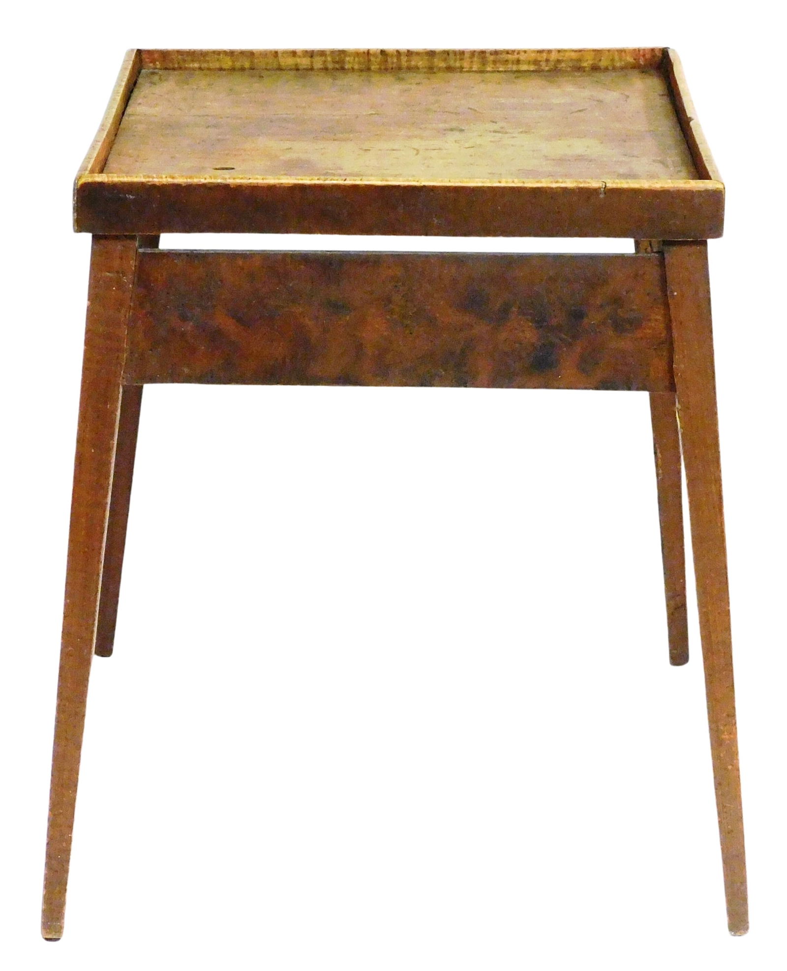 Splayed leg worktable with square tapered legs, 18th C., top with raised curly maple gallery (1 of 5)