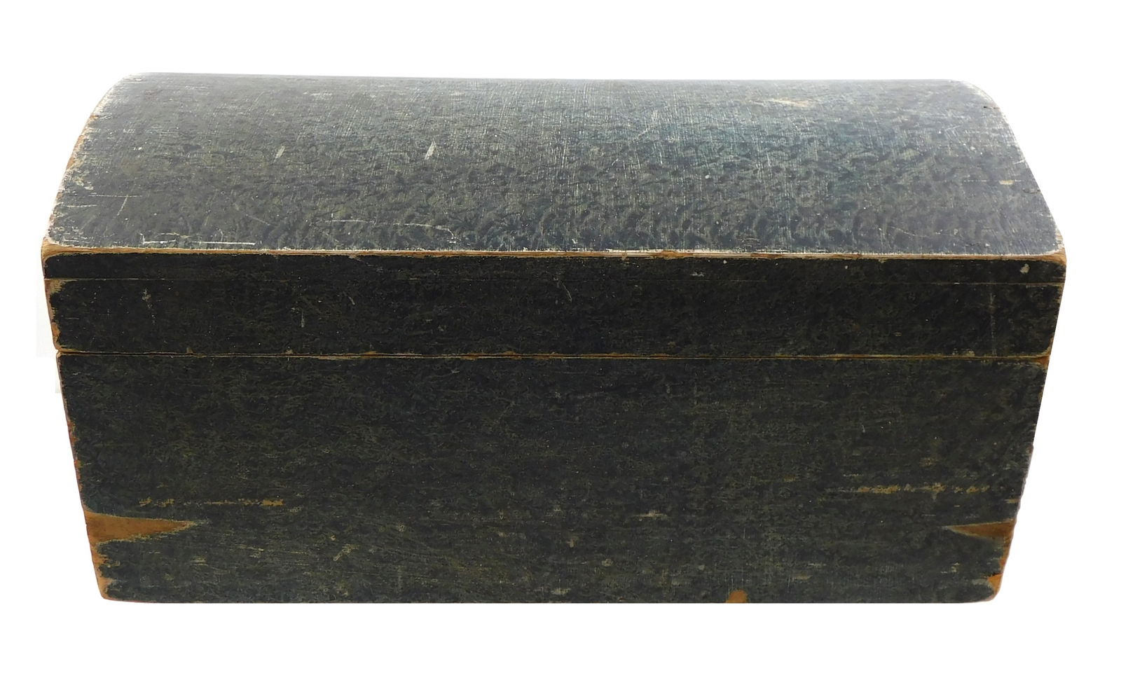 Green sponge painted domed wooden box, mottled green, older hardware, initialed "J. S." verso, wear (1 of 3)