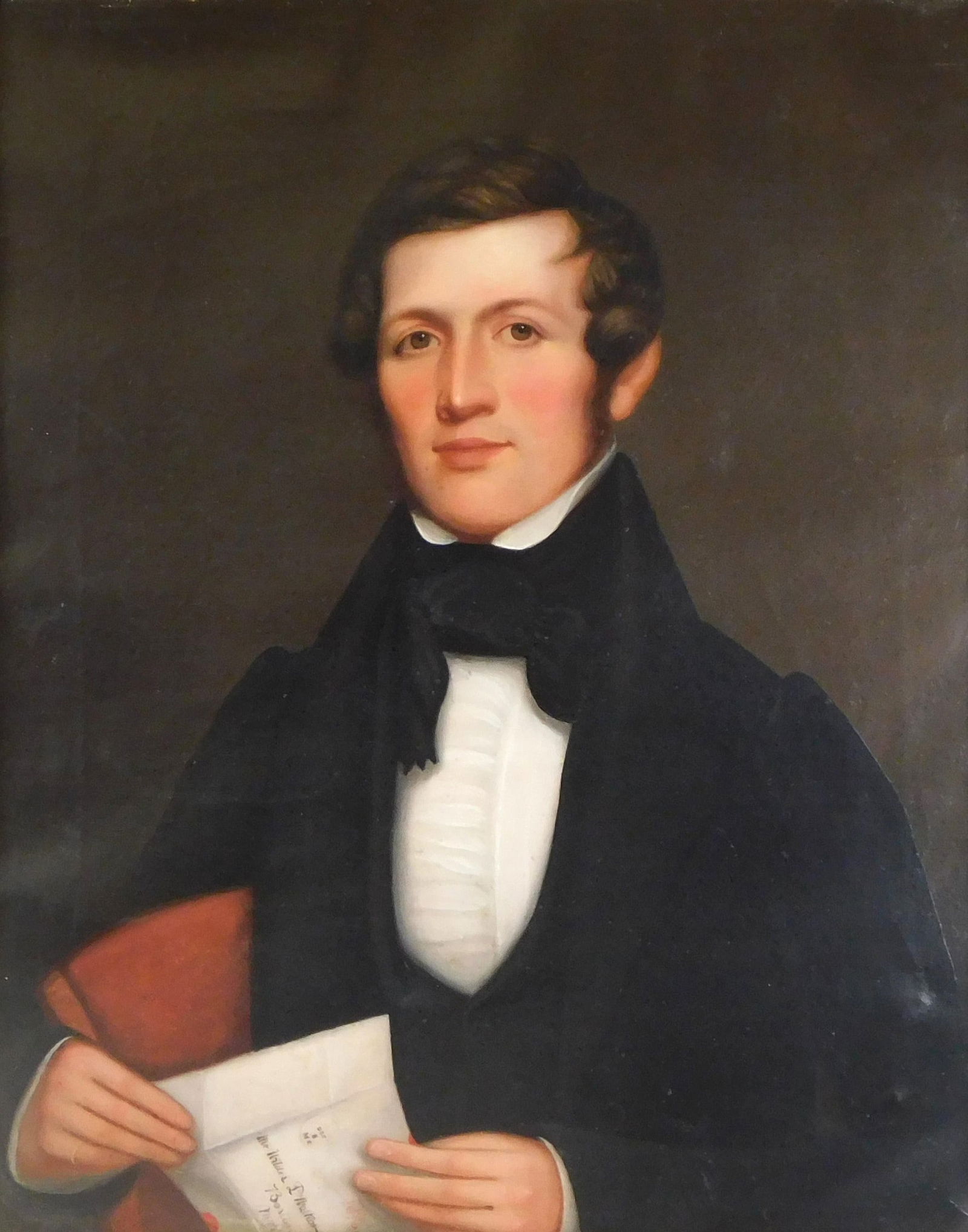 Mid-19th C. American Portrait of a young gentleman, oil on canvas, depicts wearing a fine black coat (1 of 5)