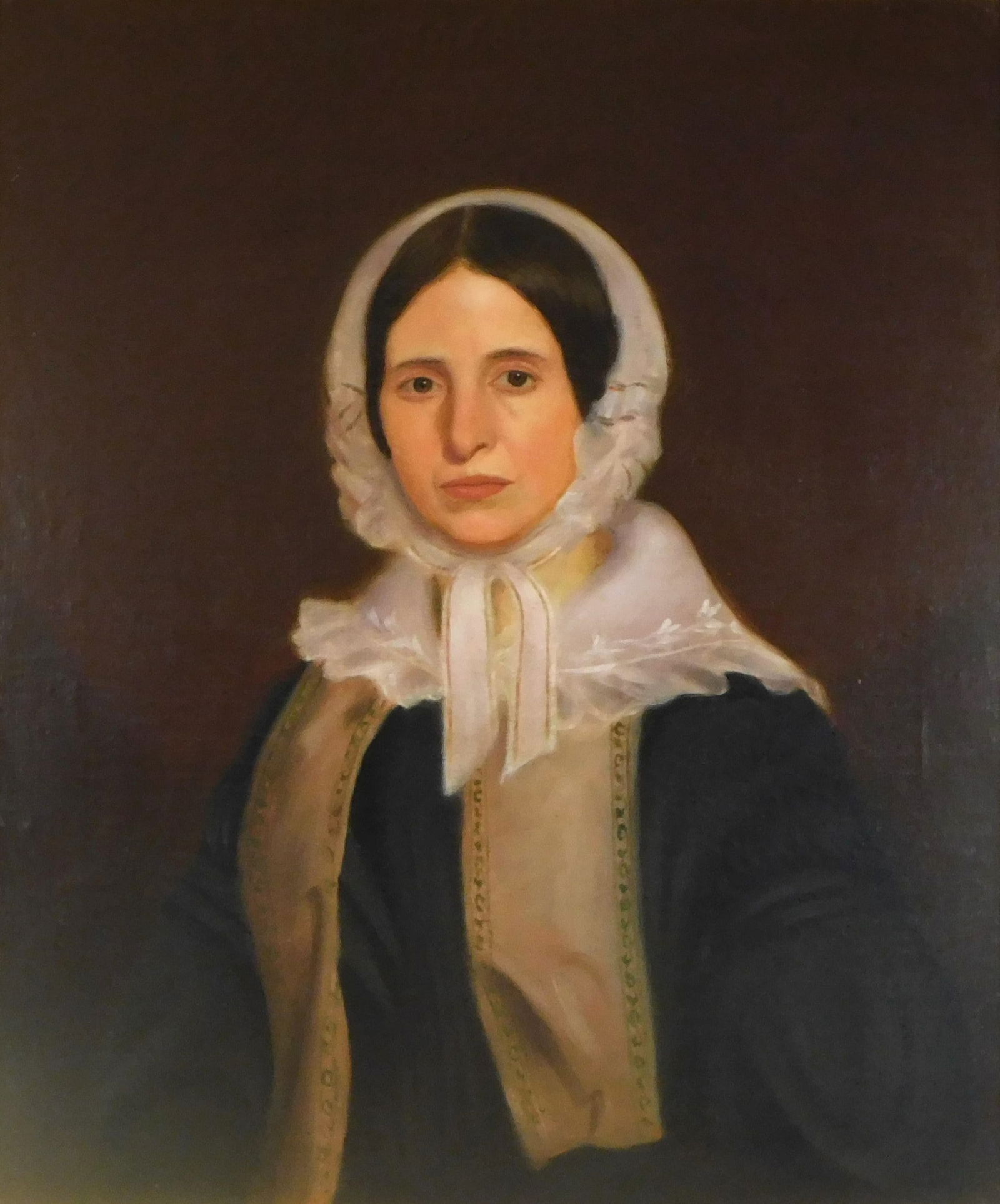 Mid-19th C. American Portrait of woman in black dress, oil on canvas, depicts fine laced bonnet and (1 of 3)