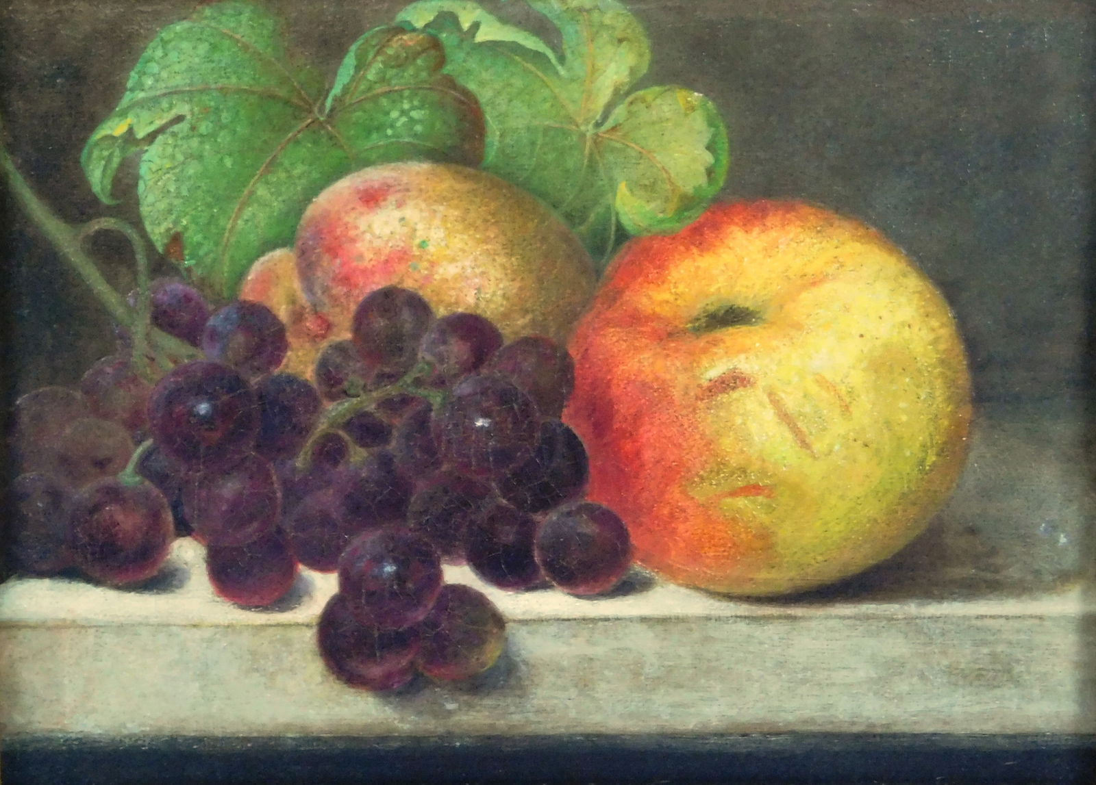 19th C. fruit still life, oil on canvas, depicting bundled grapes, a peach, and an apple, ornate (1 of 2)