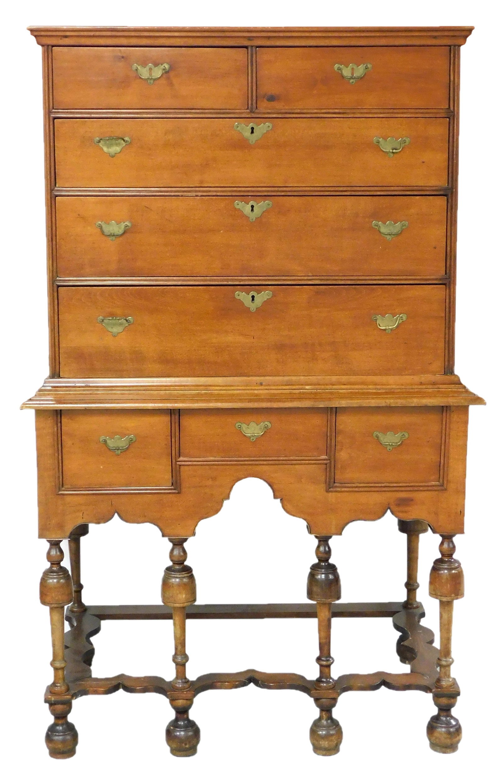 Highboy, William and Mary style in maple, flat top with two over three drawer top case, double (1 of 5)