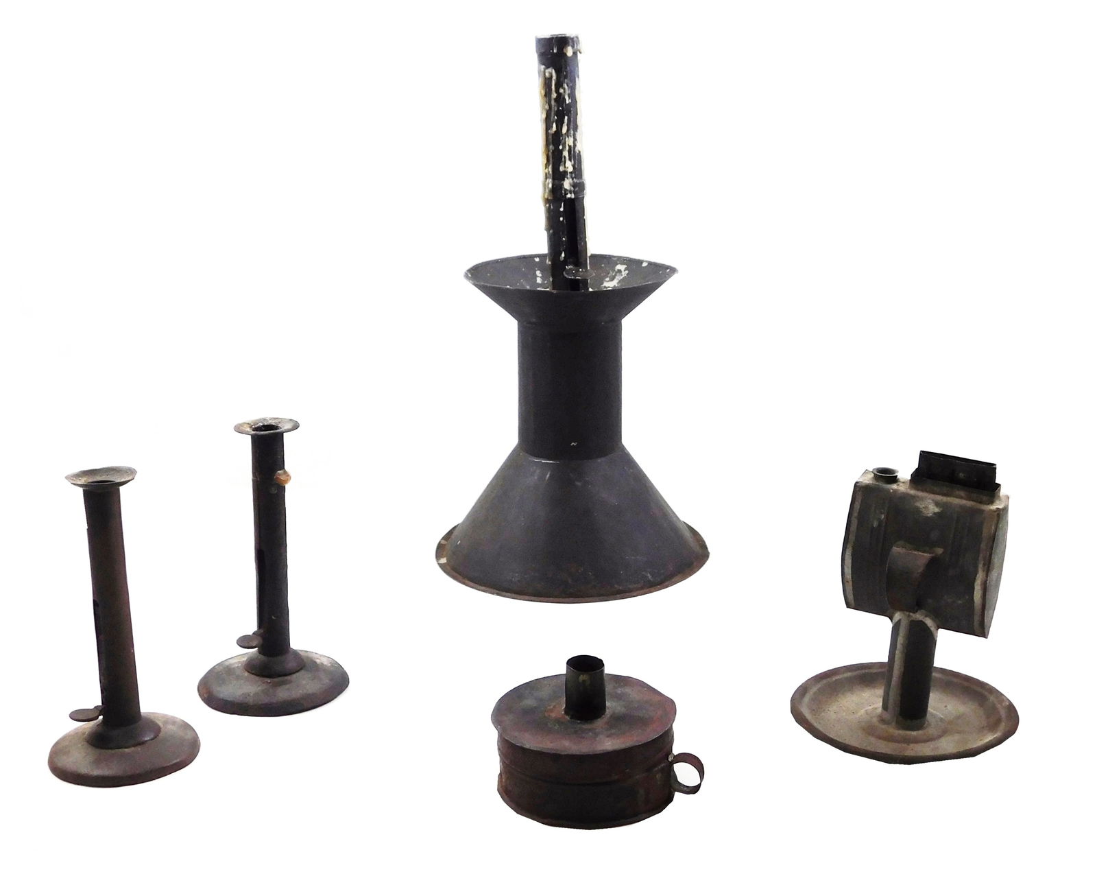 Five 19th C. tin lamps and candle holders, including: one large table candle holder, with hog (1 of 3)