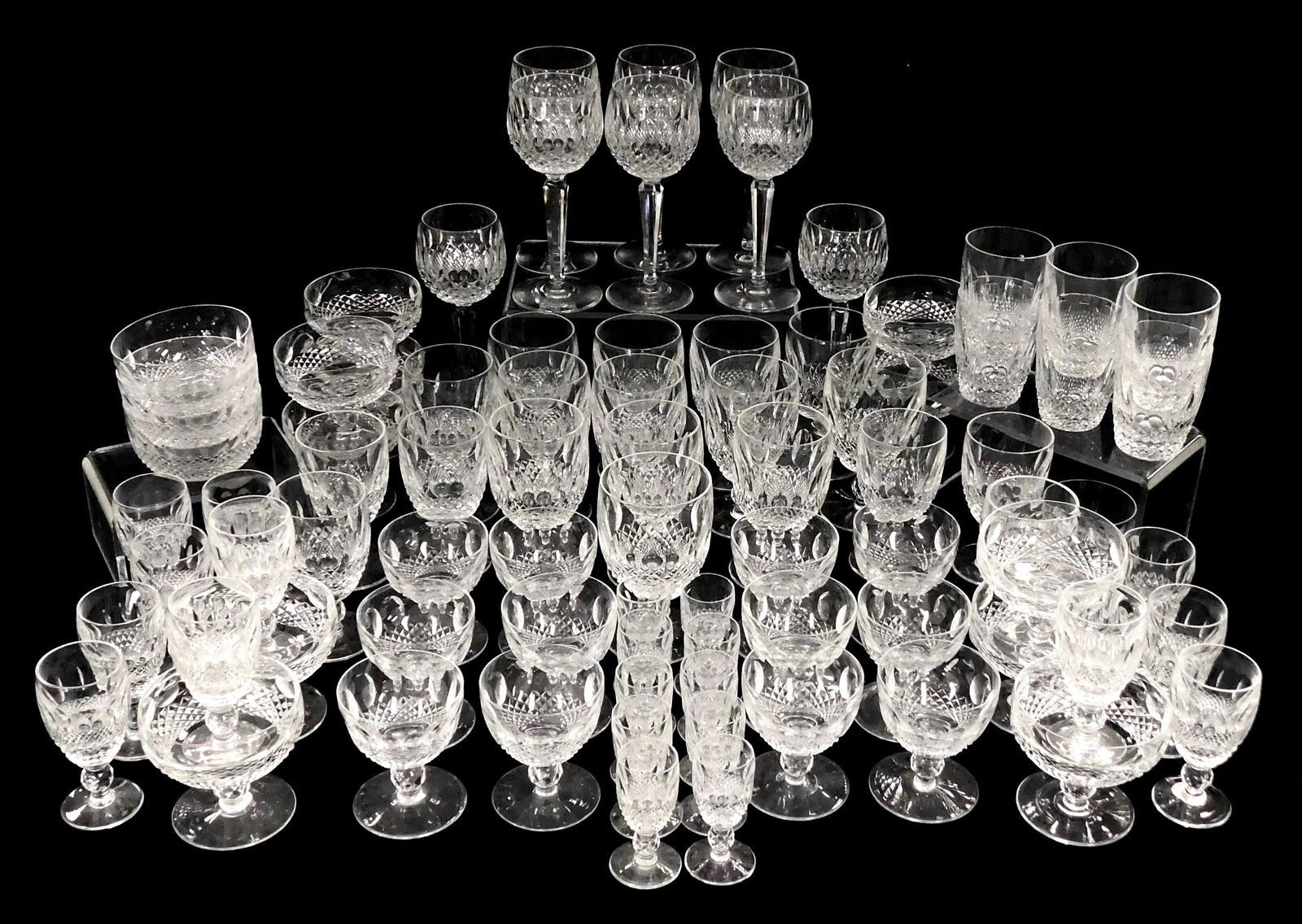 GLASS: Waterford Crystal, 80+ pieces of 'Colleen Short Stem' pattern including: eight hock wine: GLASS: Waterford Crystal, 80+ pieces of 'Colleen Short Stem' pattern including: eight hock wine goblets, 7 1/2" h.; twelve water goblets, 5 1/4" h.; six claret glasses, 4 3/4" h.; twelve sherry glasse