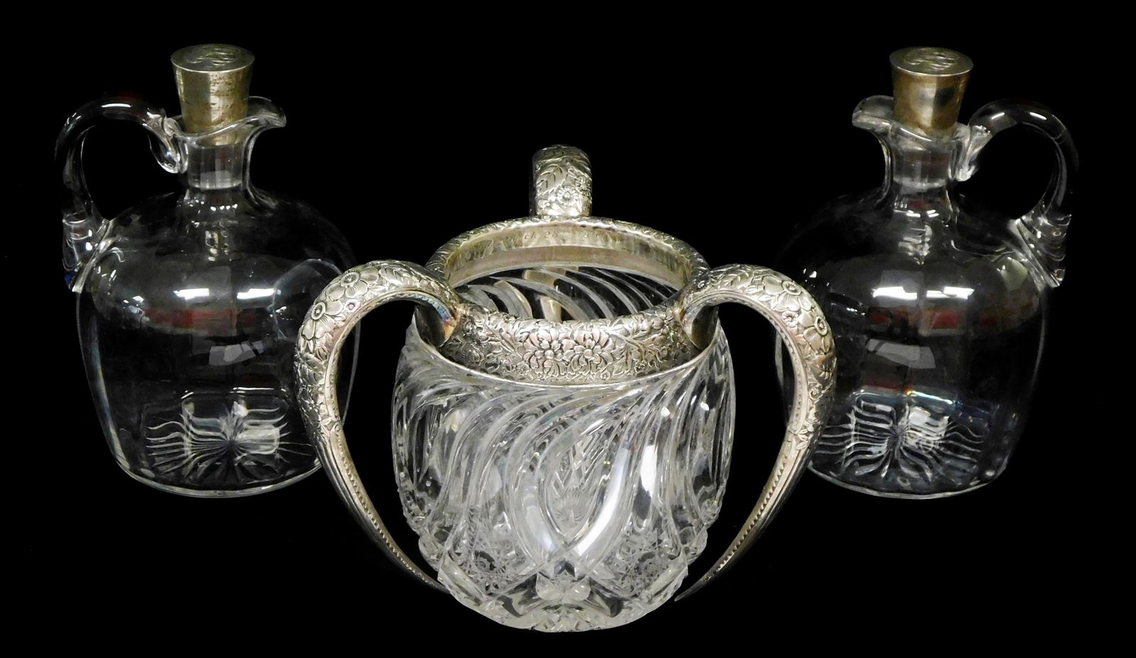 STERLING: Three pieces of cut glass holloware with sterling mounts, including: one loving cup with (1 of 5)