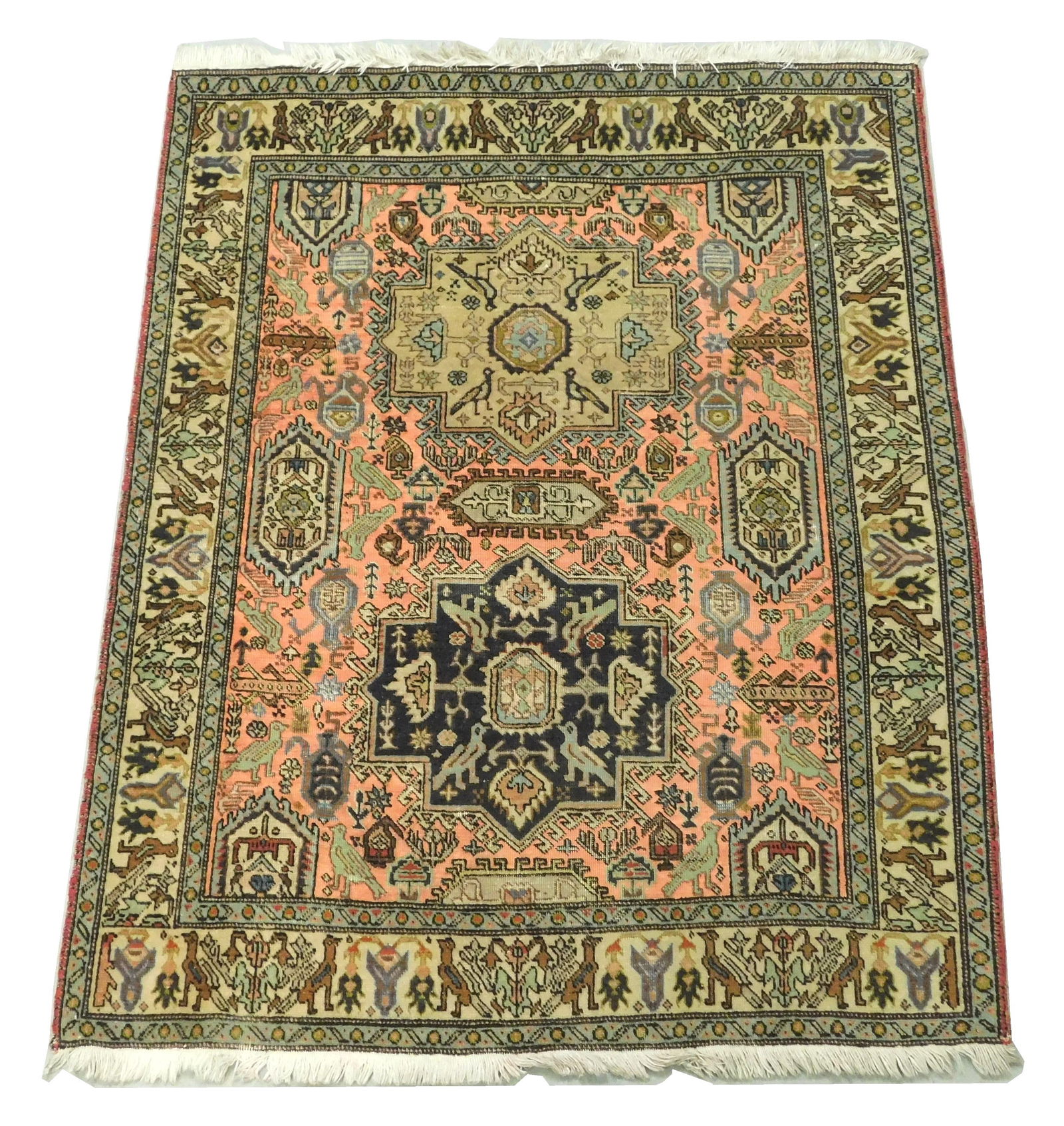 RUG: Modern Persian scatter rug, 3' 7" x 4' 5 1/2", wool on cotton, Tribal folk art design with two (1 of 3)