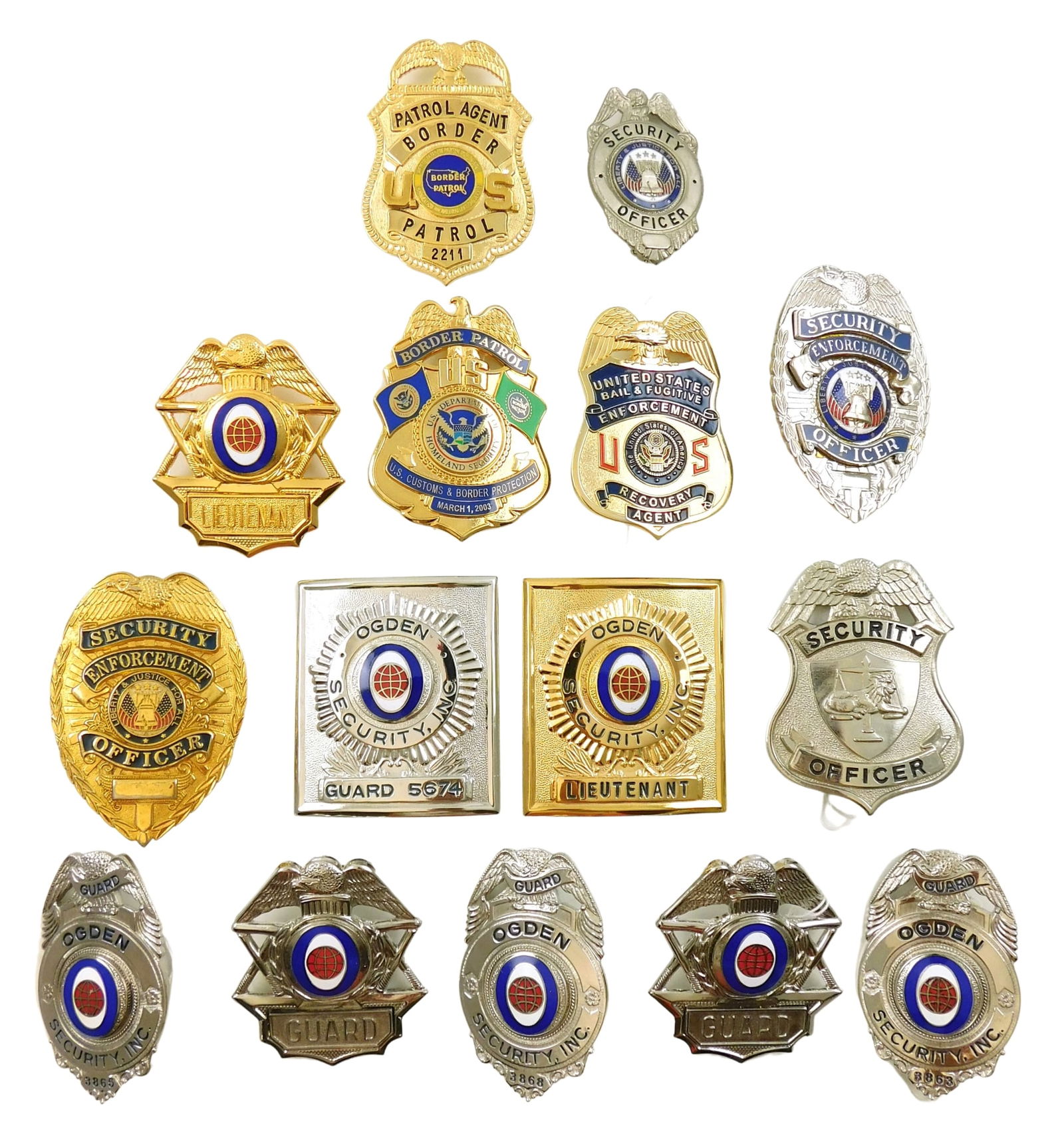 Fifteen Border Patrol, bail enforcer, and security company badges, including: two Border Patrol (1 of 3)