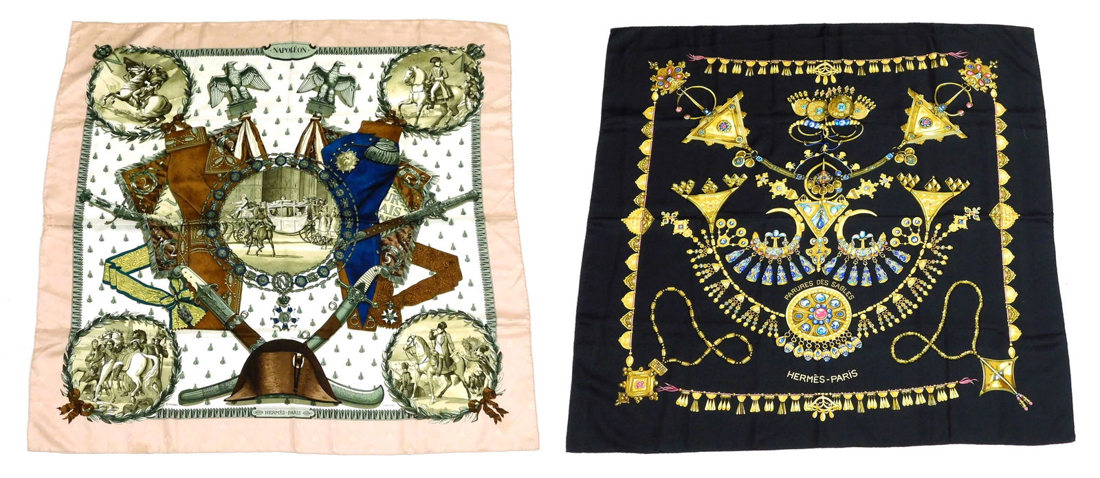 DESIGNER: Two Hermes designer silk scarves, French late 20th C., including: "Parures des Stables", (1 of 8)