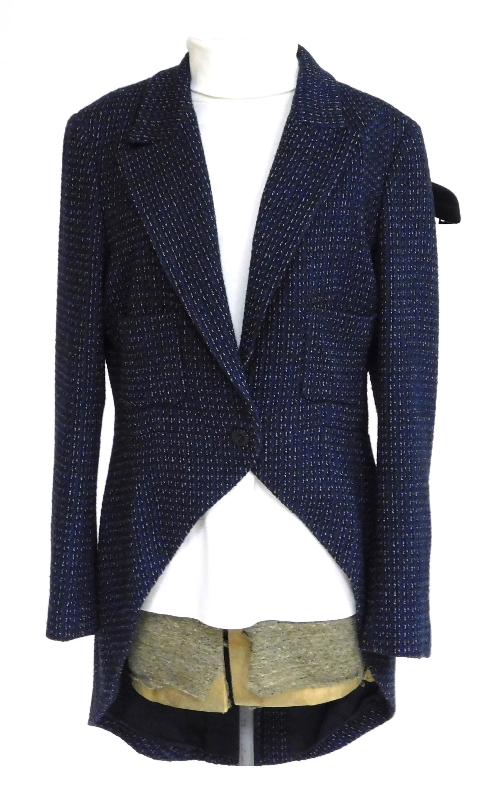 DESIGNER: Chanel swallowtail tuxedo jacket in navy blue tweed, 2002, FR42, by designer Karl (1 of 3)