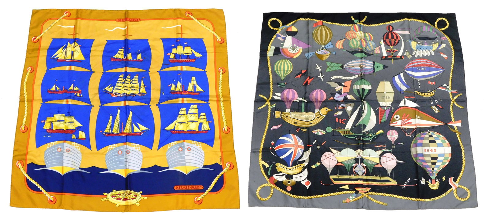 DESIGNER: Two Hermes silk scarves, French, including: "Les Folies du Ciel", 35" x 35", multi-colored (1 of 9)