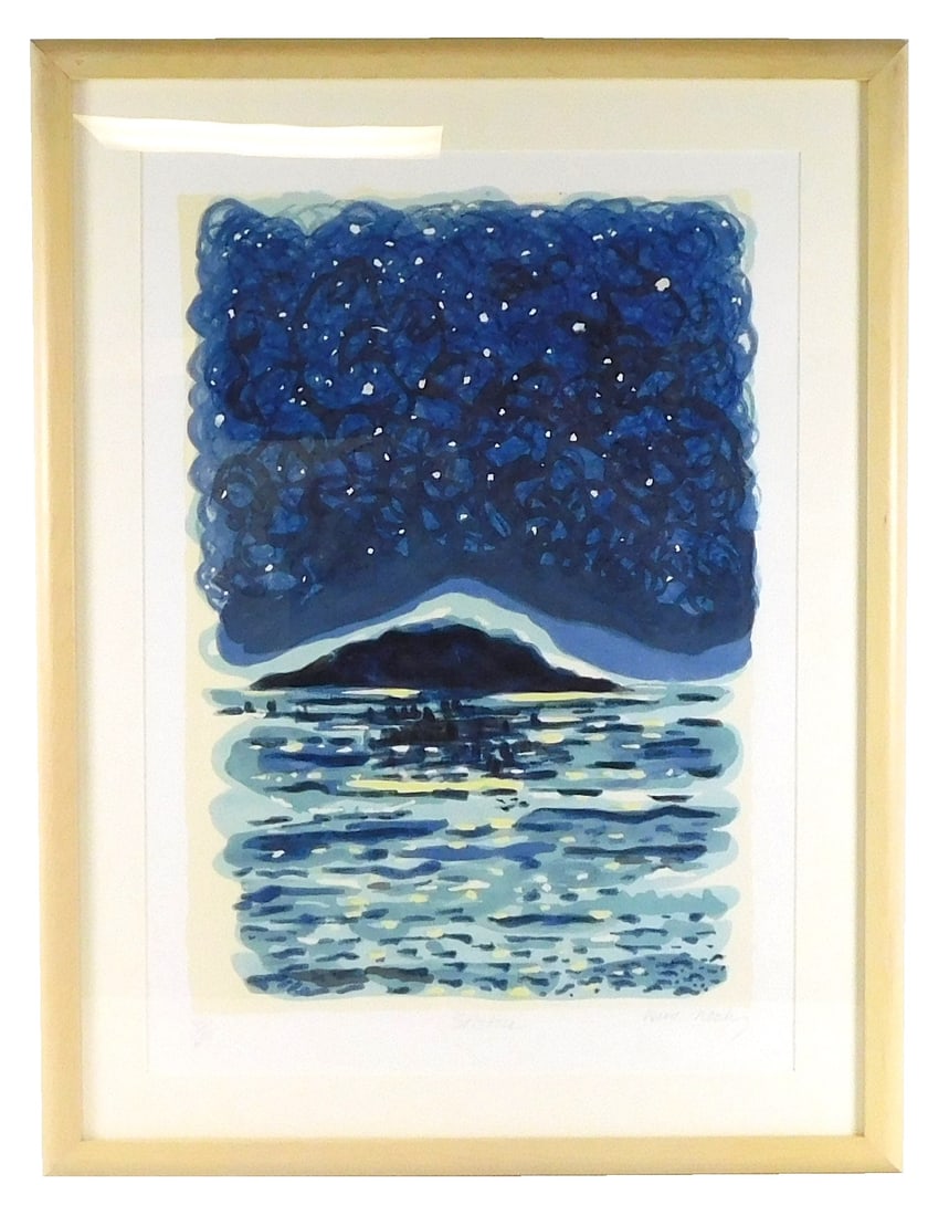 Anne Neely (American, b.1946), "Winter Solstice", 2003, color lithograph, depicts an abstracted: Anne Neely (American, b.1946), "Winter Solstice", 2003, color lithograph, depicts an abstracted landscape at night with mountain on horizon line dwarfed by starry sky, signed, titled and numbered 45/3
